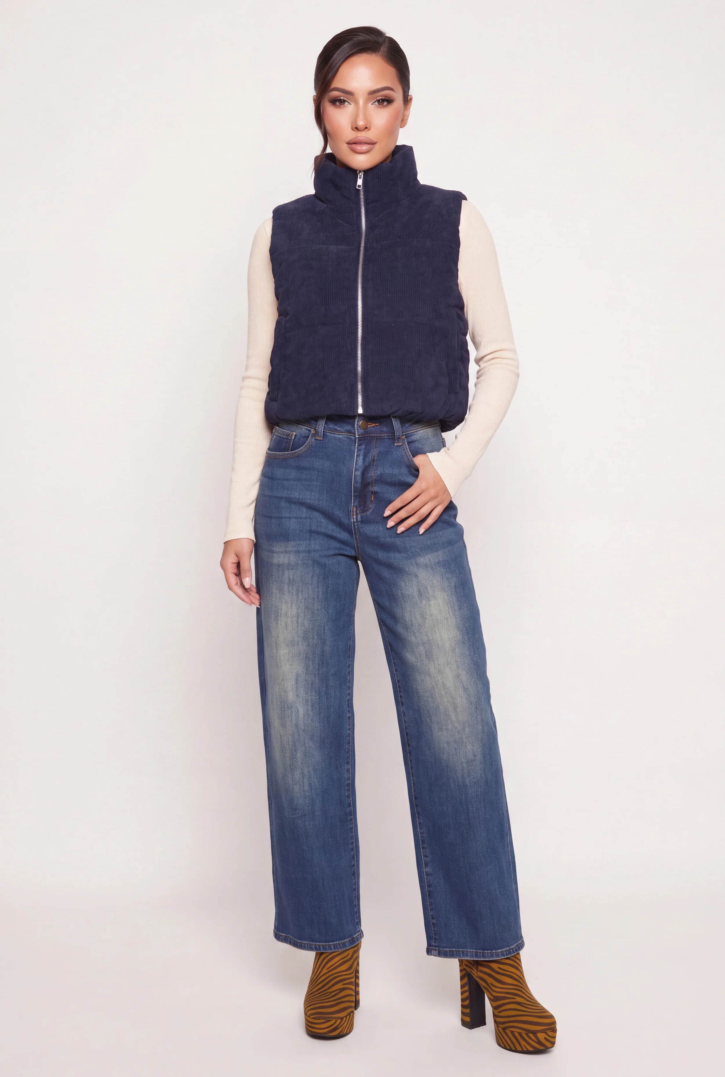 Corduroy Zip Front Mock Neck Puffer Vest