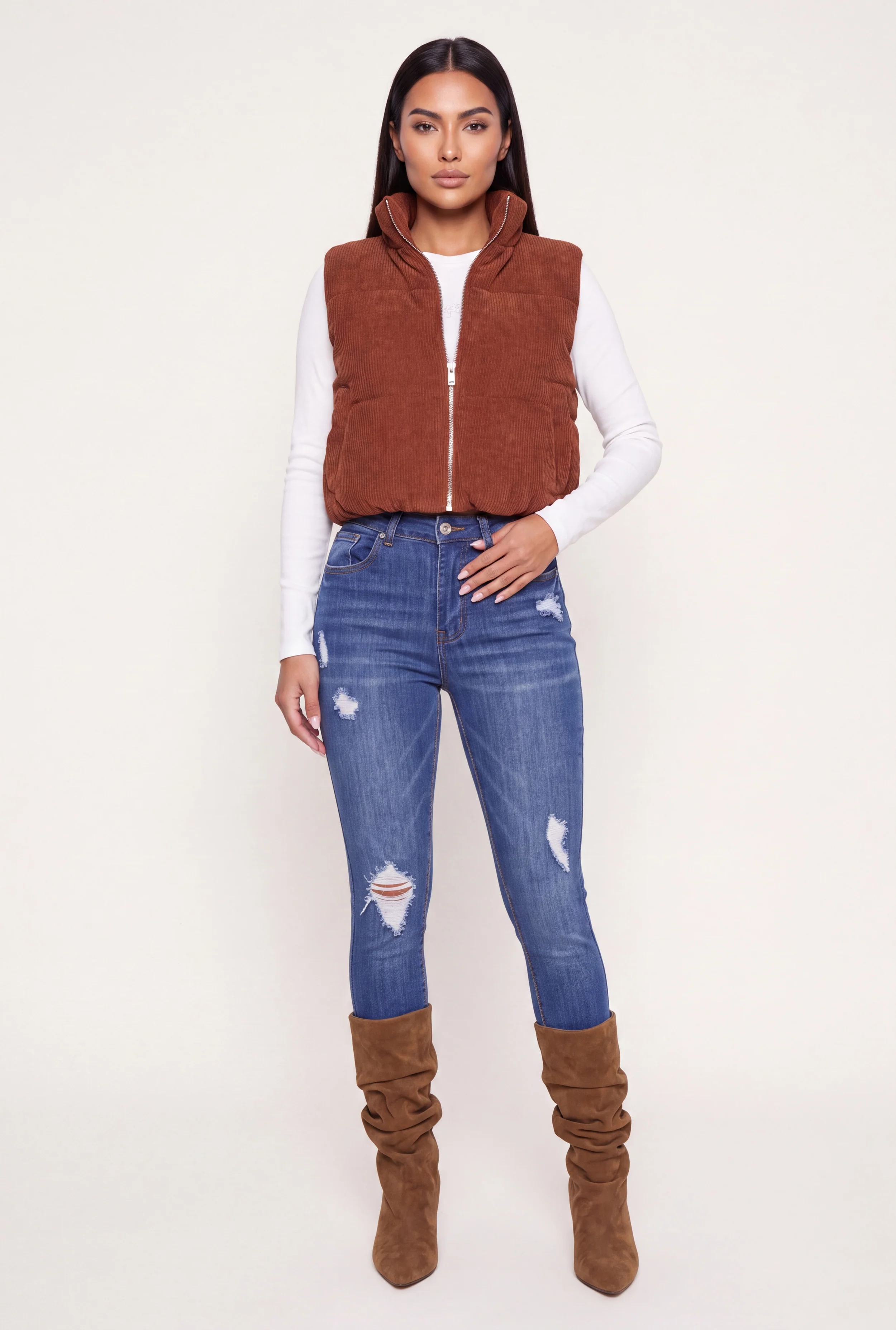 Corduroy Zip Front Mock Neck Puffer Vest