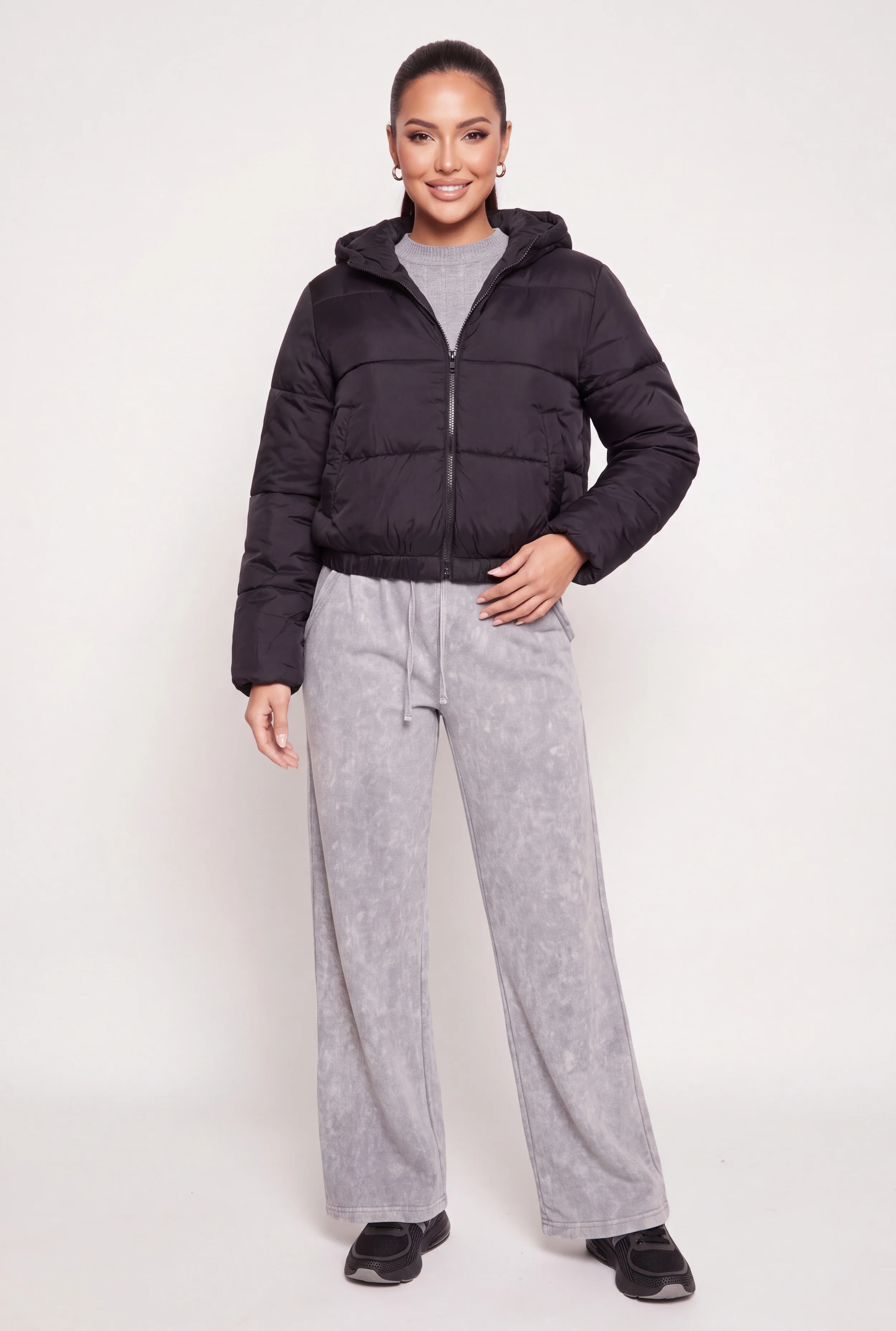 Nylon Zip Front Hooded Puffer Jacket