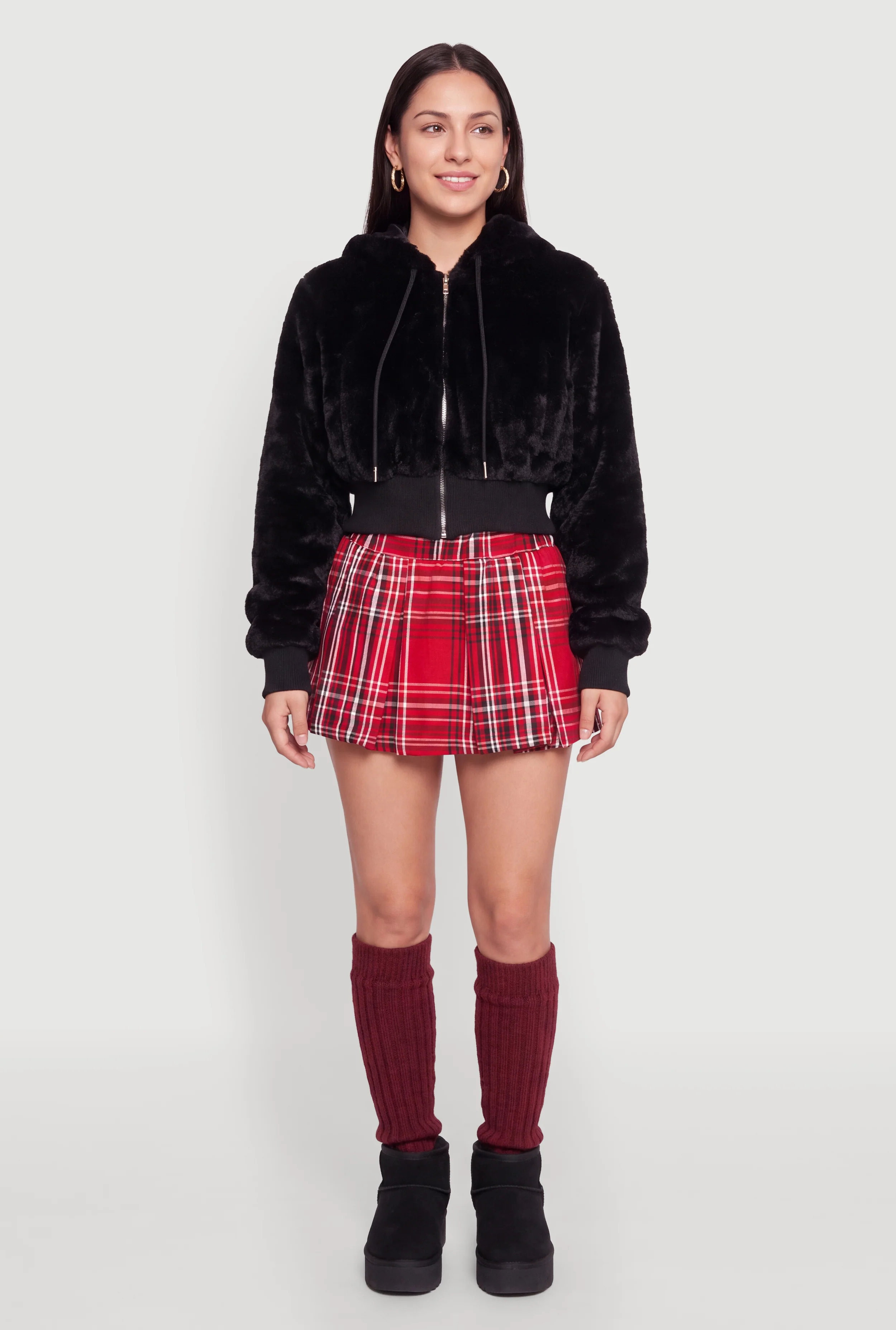 Faux Fur Cropped Zip Front Hooded Jacket