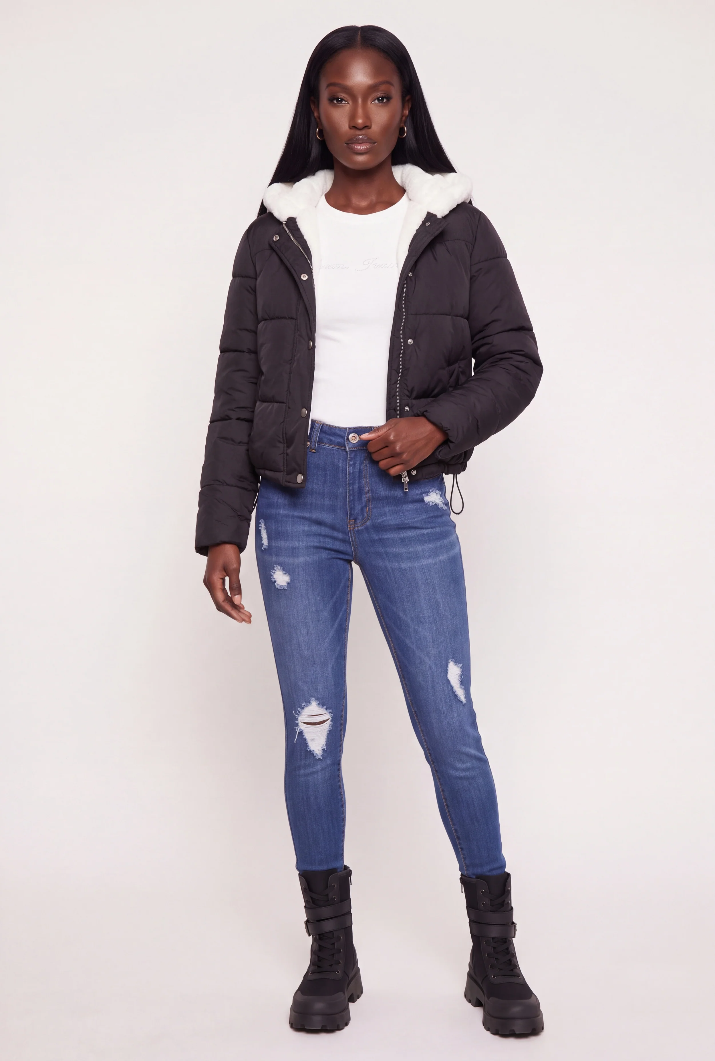 Faux Fur Lined Hooded Button Front Puffer Jacket
