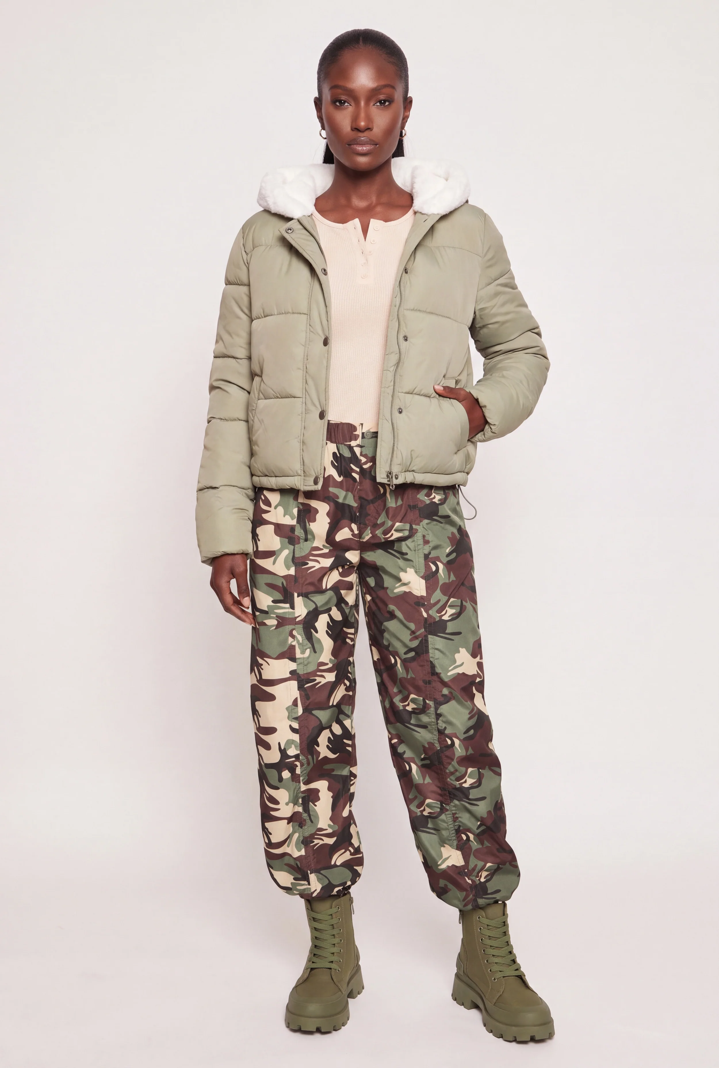 Faux Fur Lined Hooded Button Front Puffer Jacket
