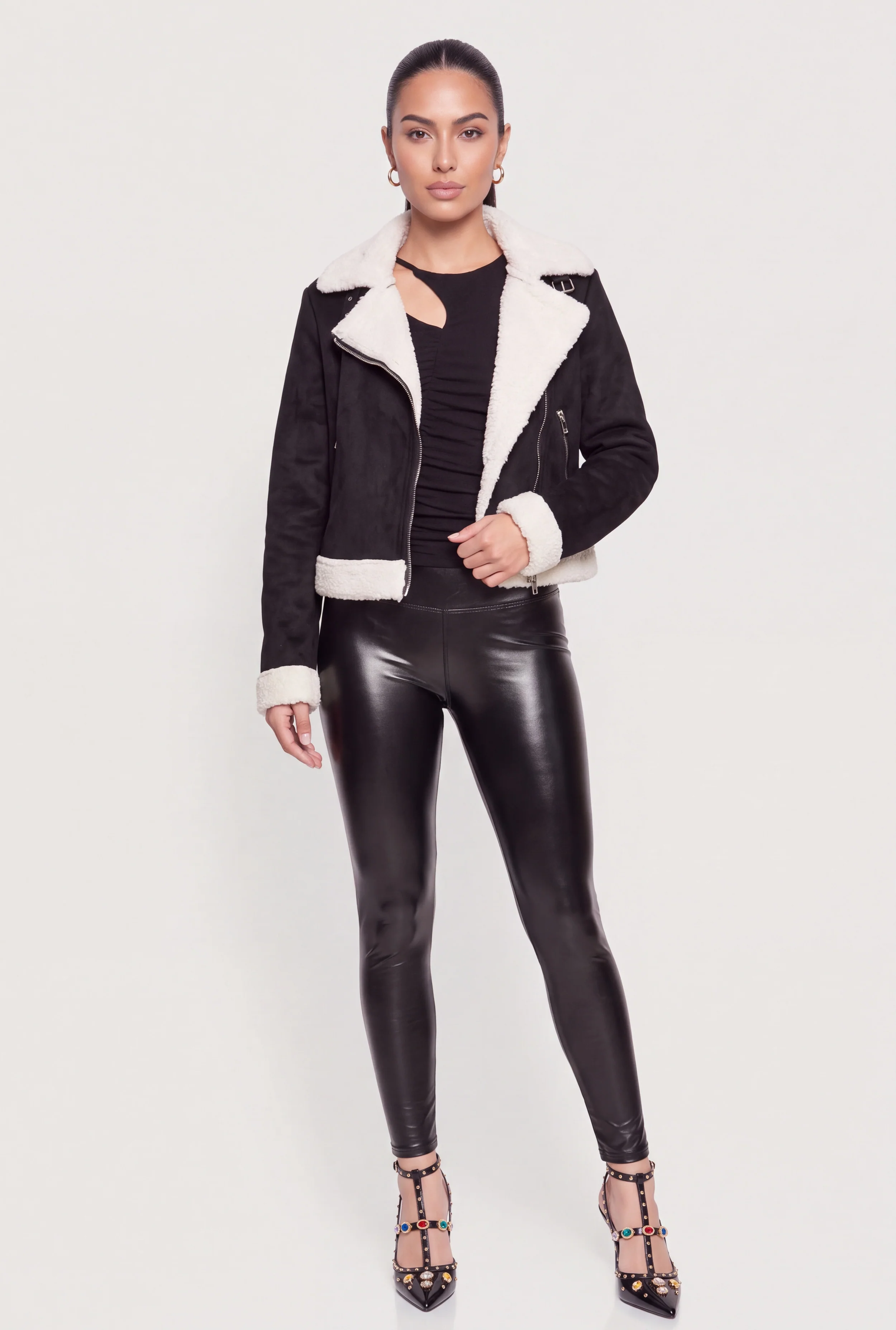 Contrast Sherpa Trim Faux Suede Moto Jacket