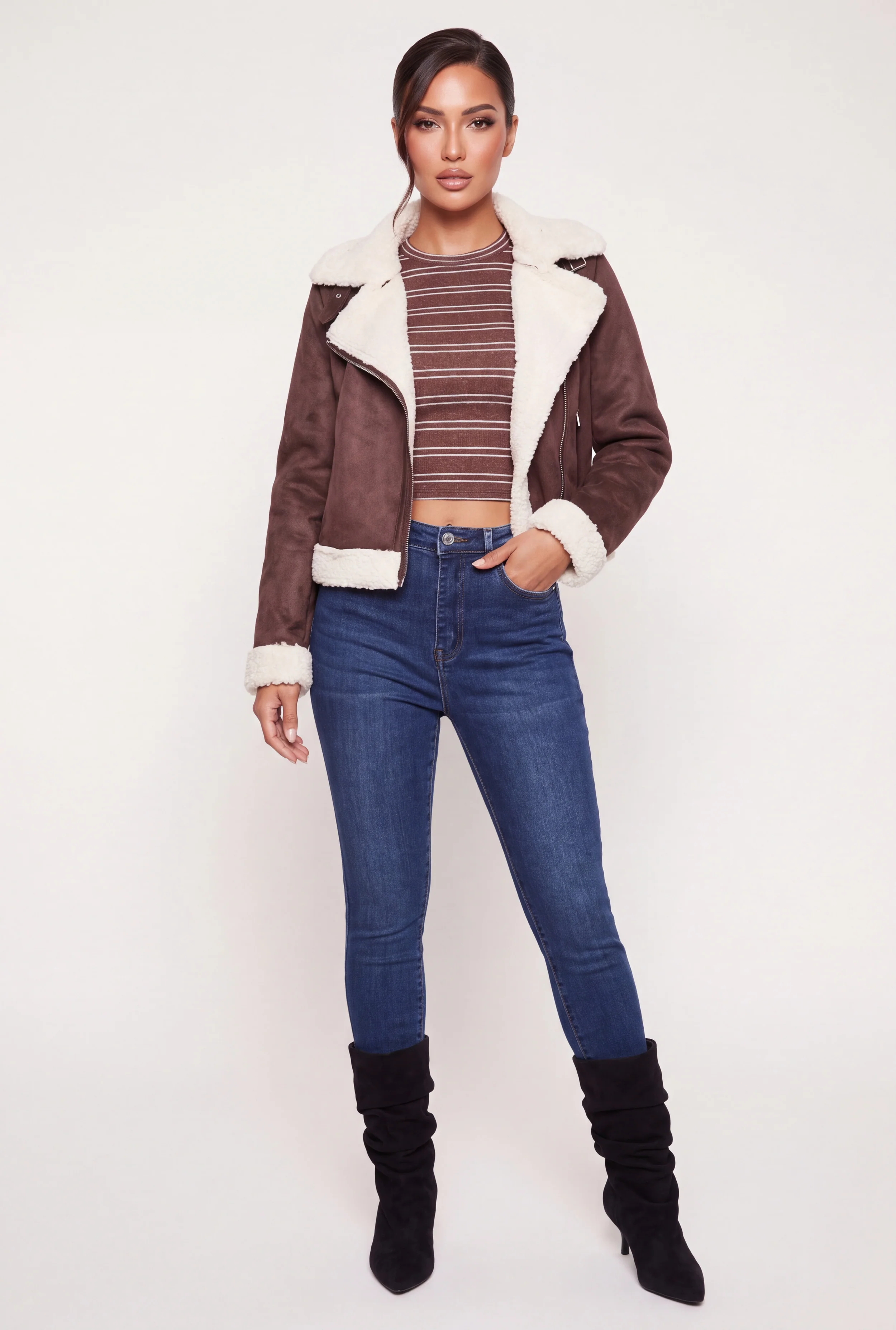 Contrast Sherpa Trim Faux Suede Moto Jacket