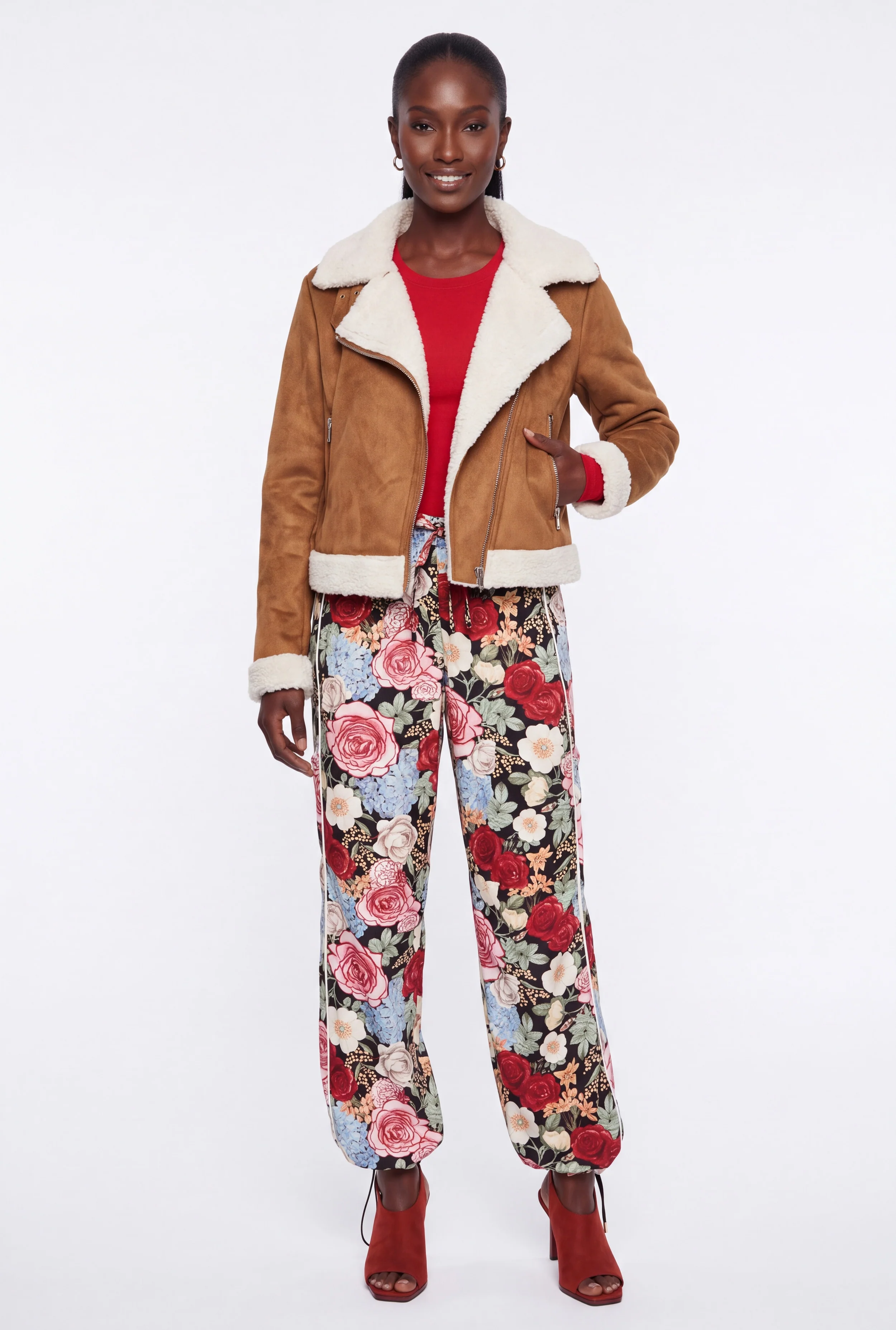 Contrast Sherpa Trim Faux Suede Moto Jacket