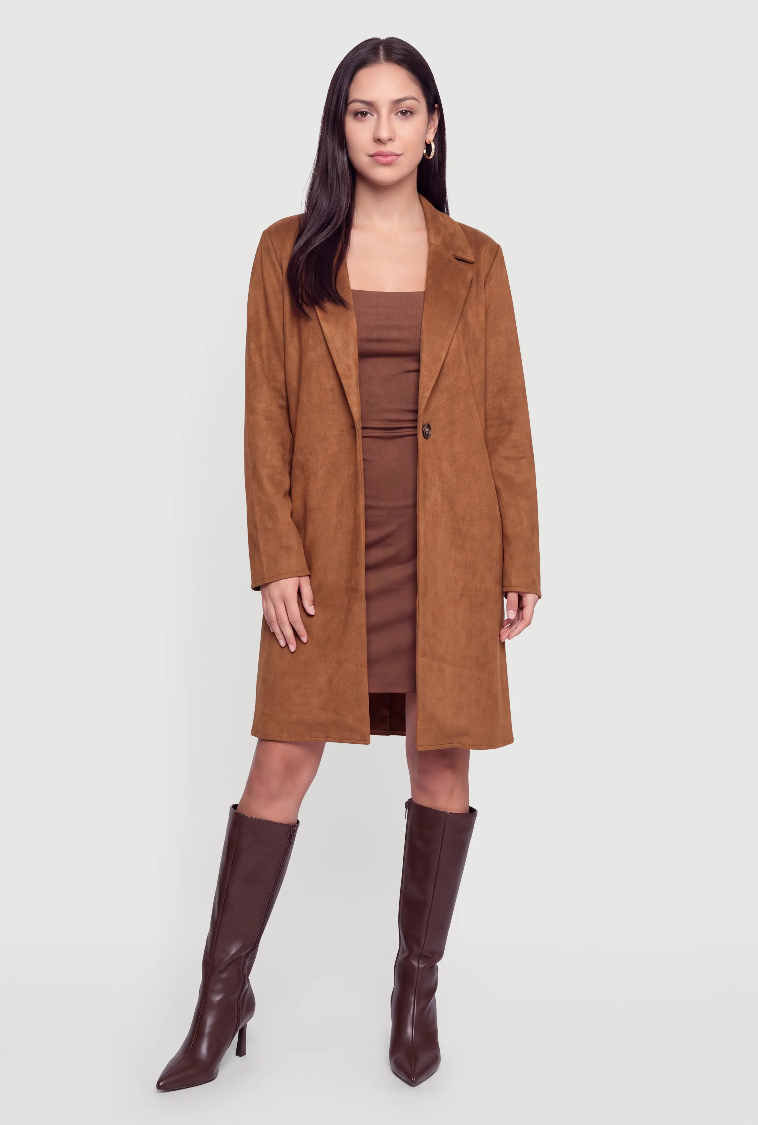 Faux Suede Single Breasted Long Coat