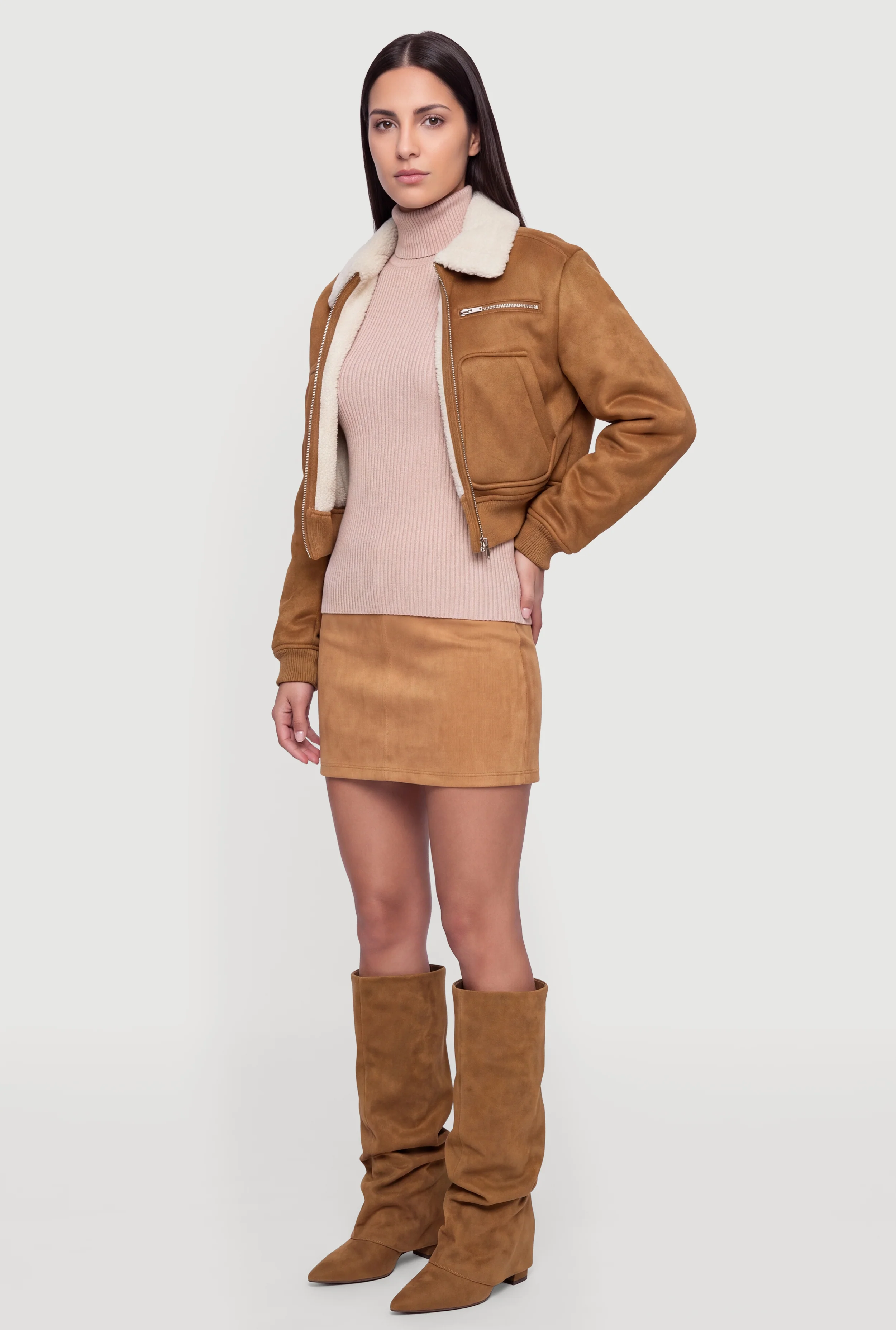 Contrast Sherpa Trim Faux Suede Zip Front Bomber Jacket