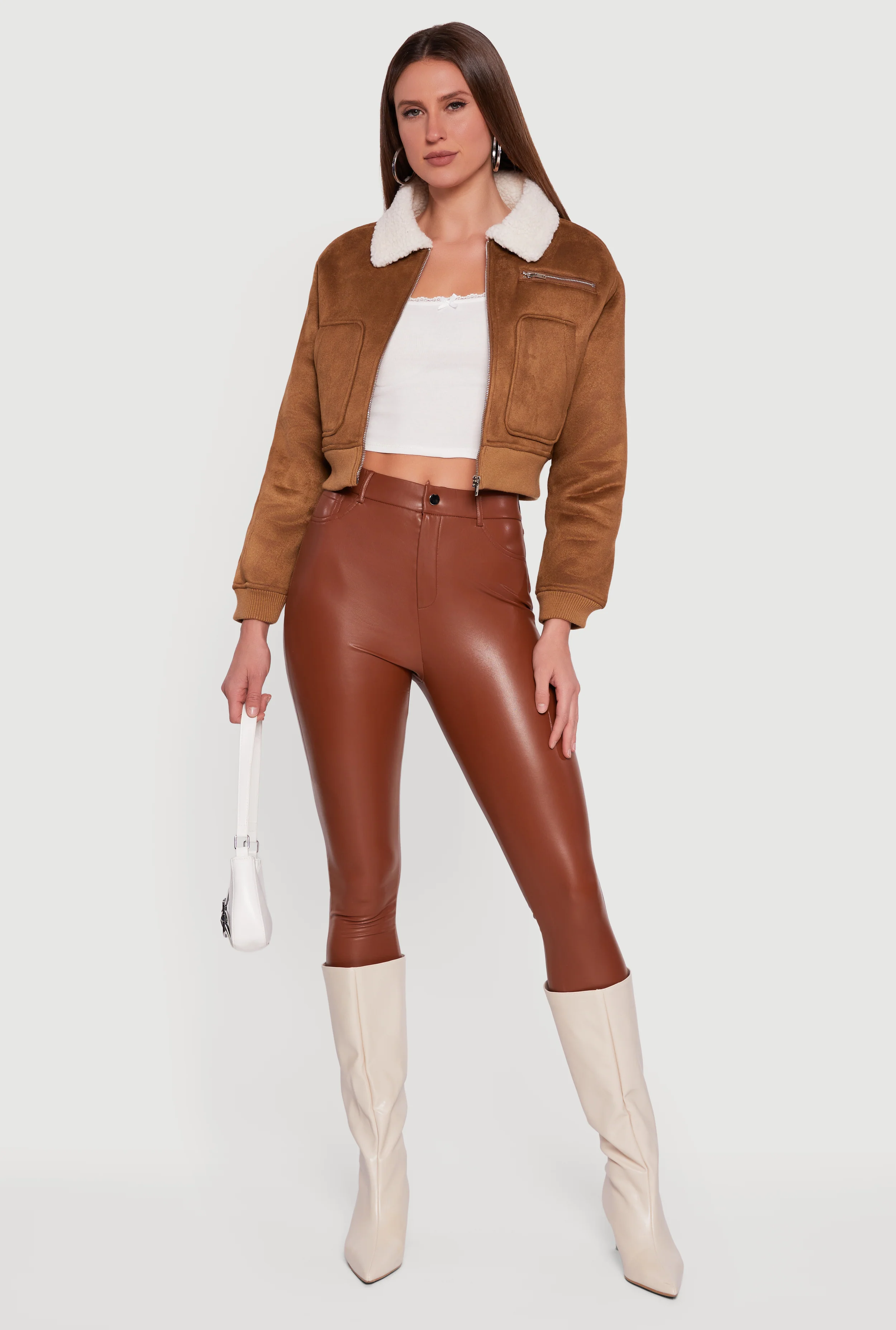 Faux Suede Sherpa Lined Cropped Bomber Jacket