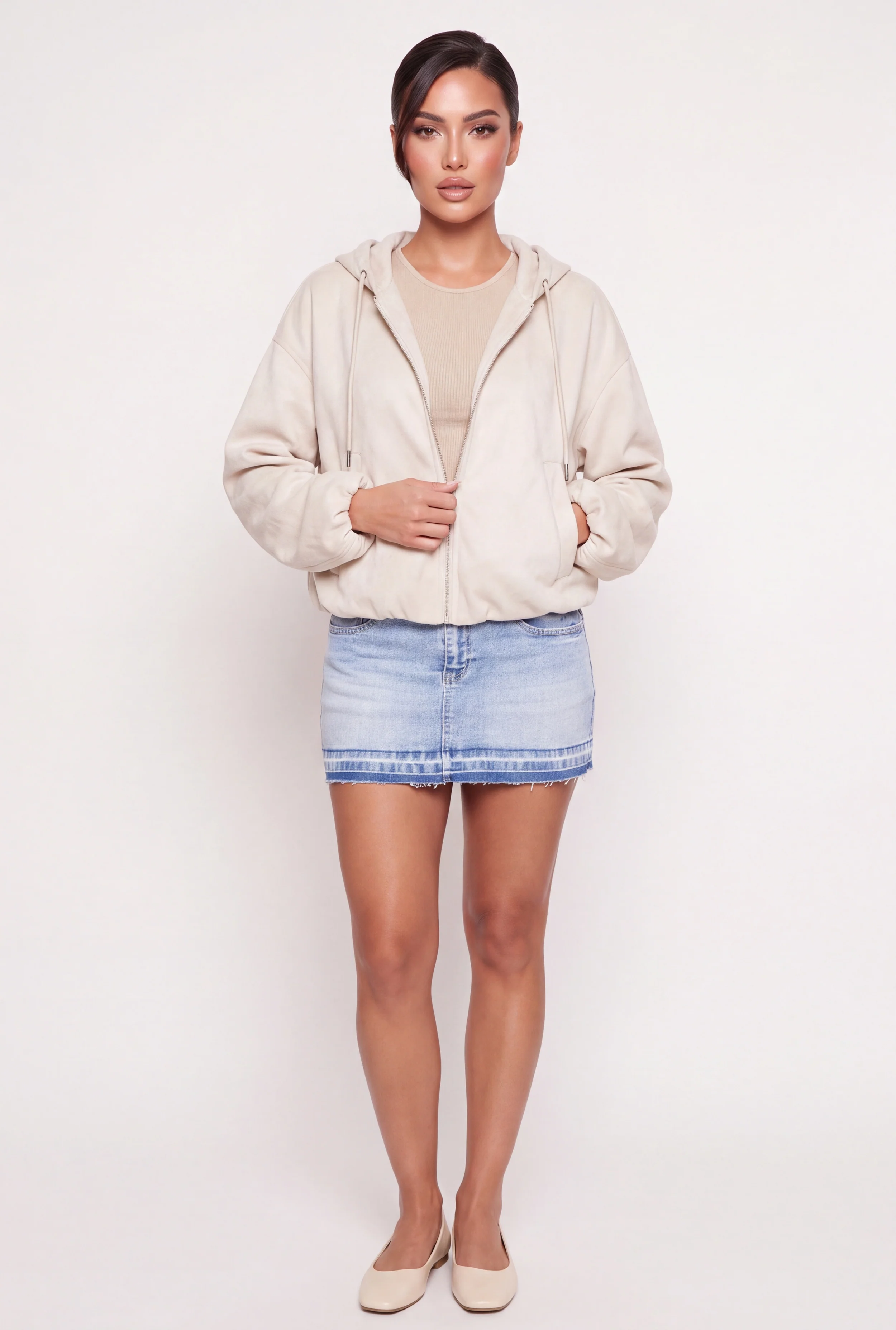 Faux Suede Zip Front Hooded Bubble Hem Bomber Jacket
