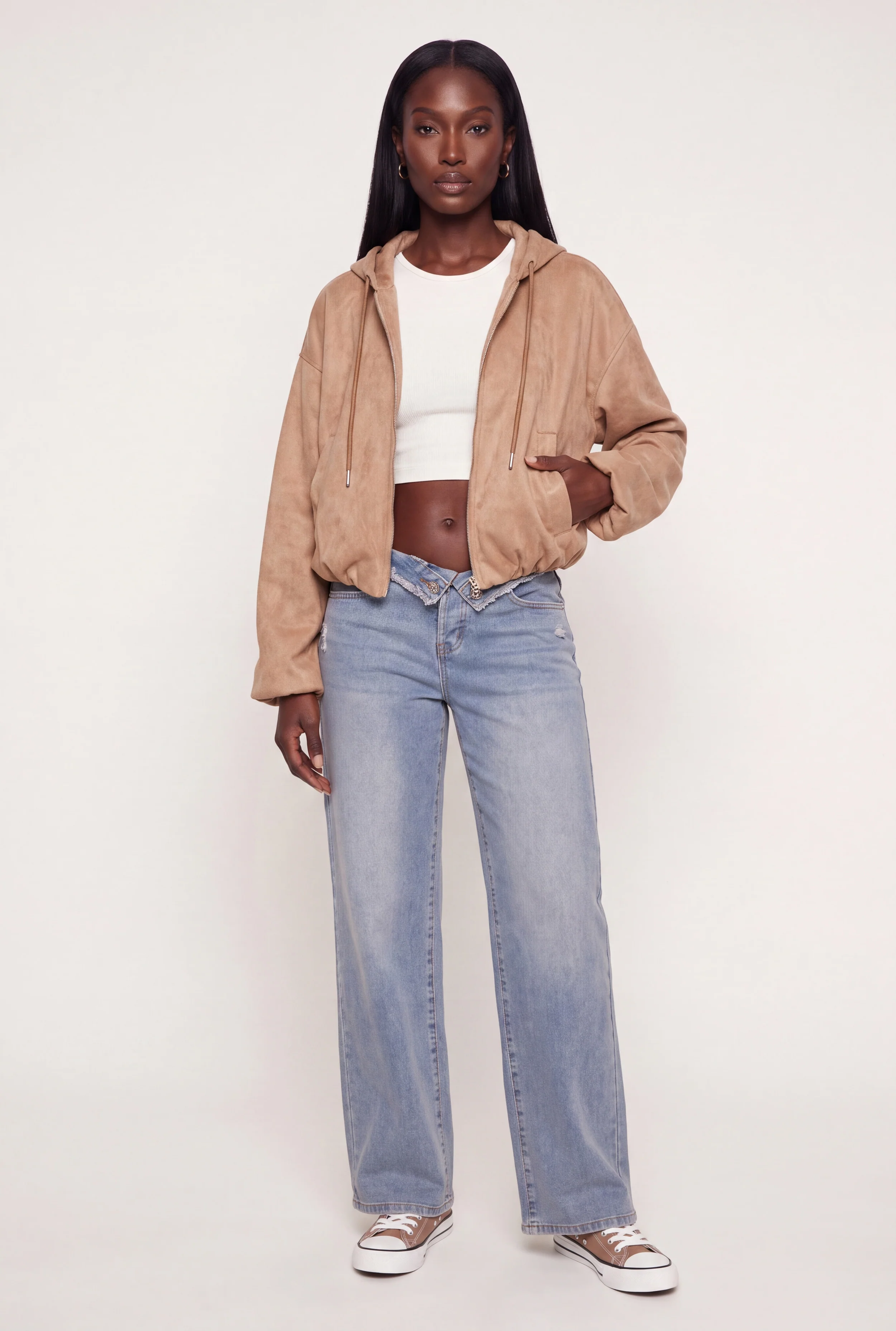 Faux Suede Zip Front Hooded Bubble Hem Bomber Jacket