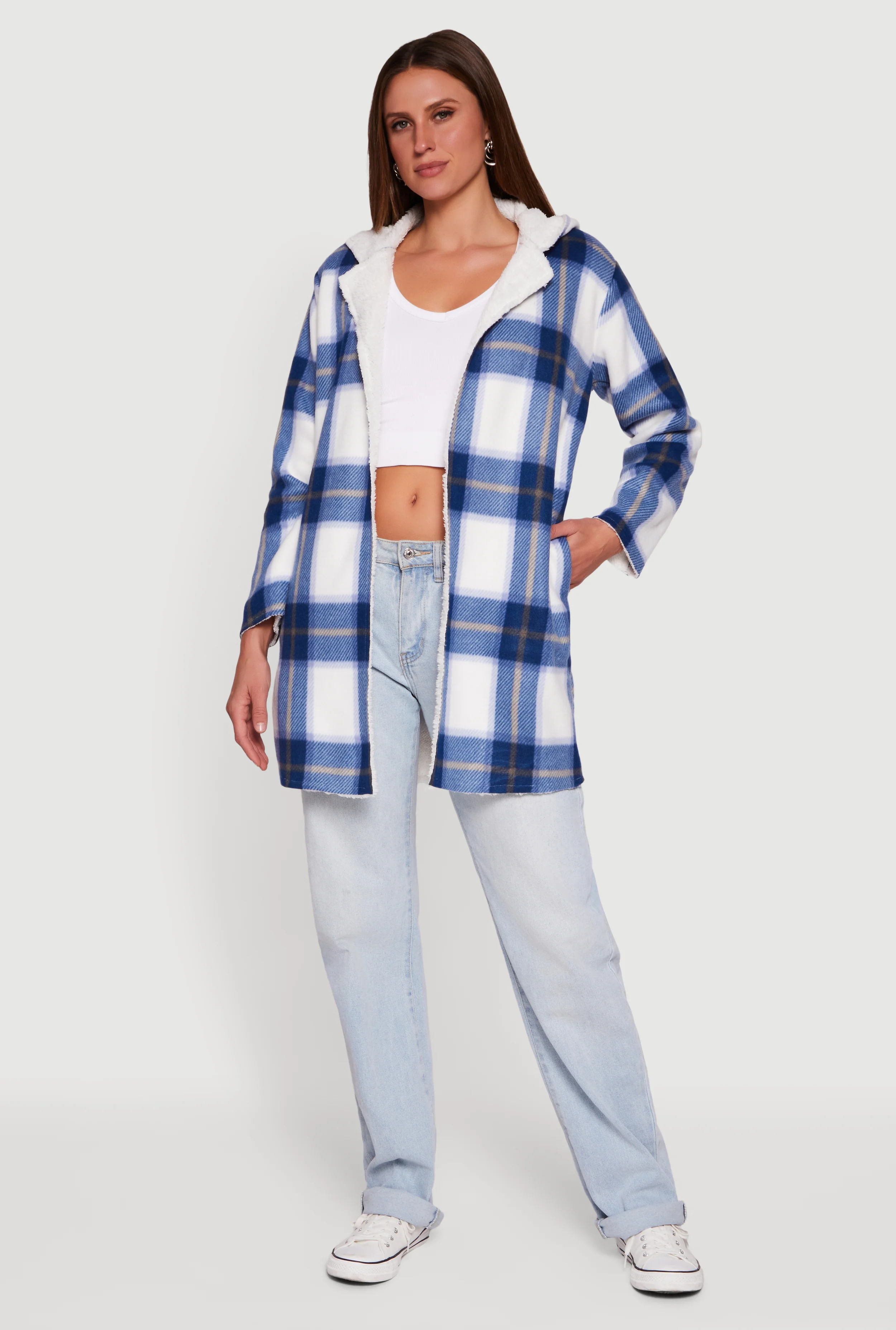Plaid Patterned Hooded Open Front Sherpa Jacket
