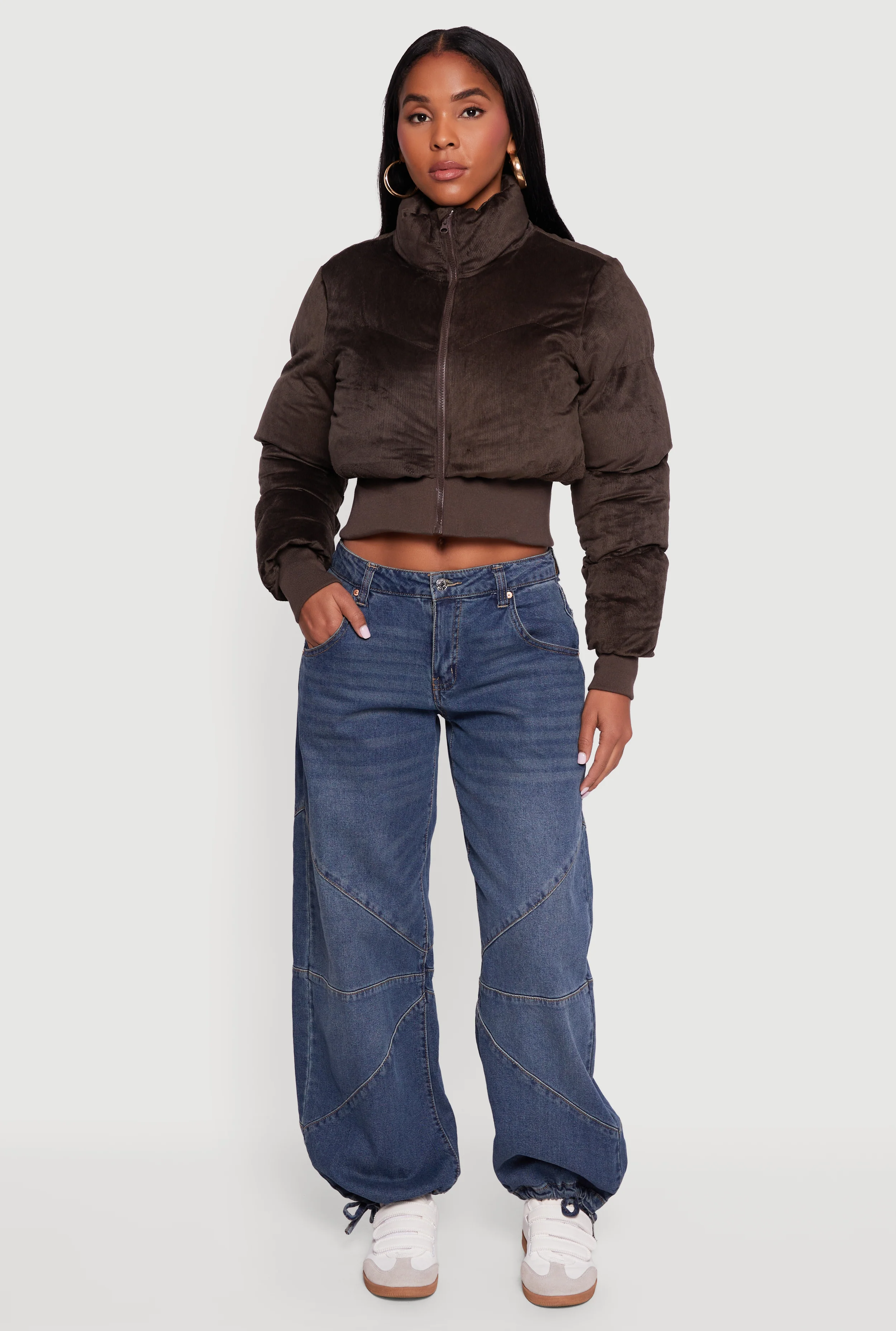 Corduroy Zip Front Mock Neck Cropped Puffer Jacket