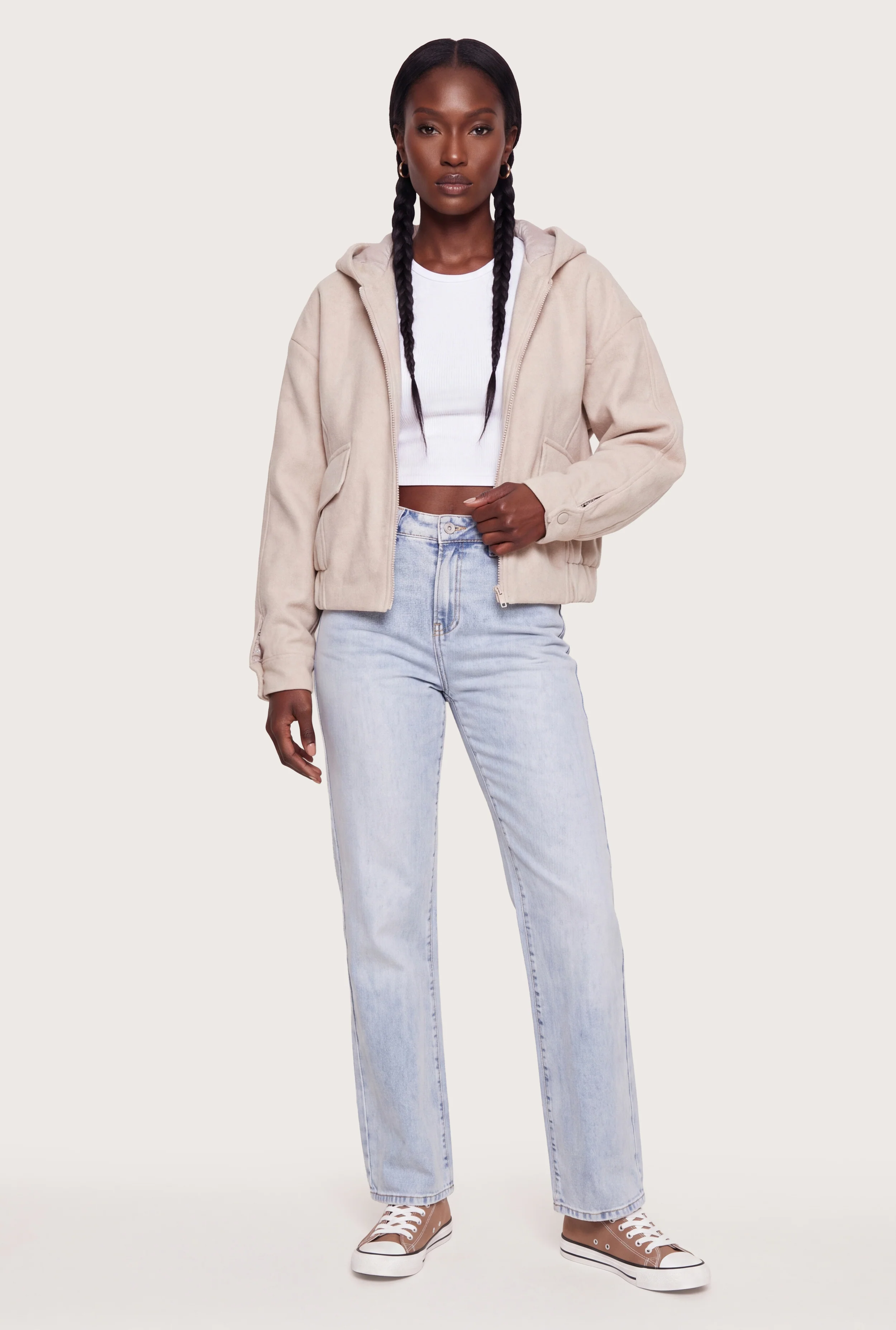 Slant Pocket Zip Front Hooded Bomber Jacket