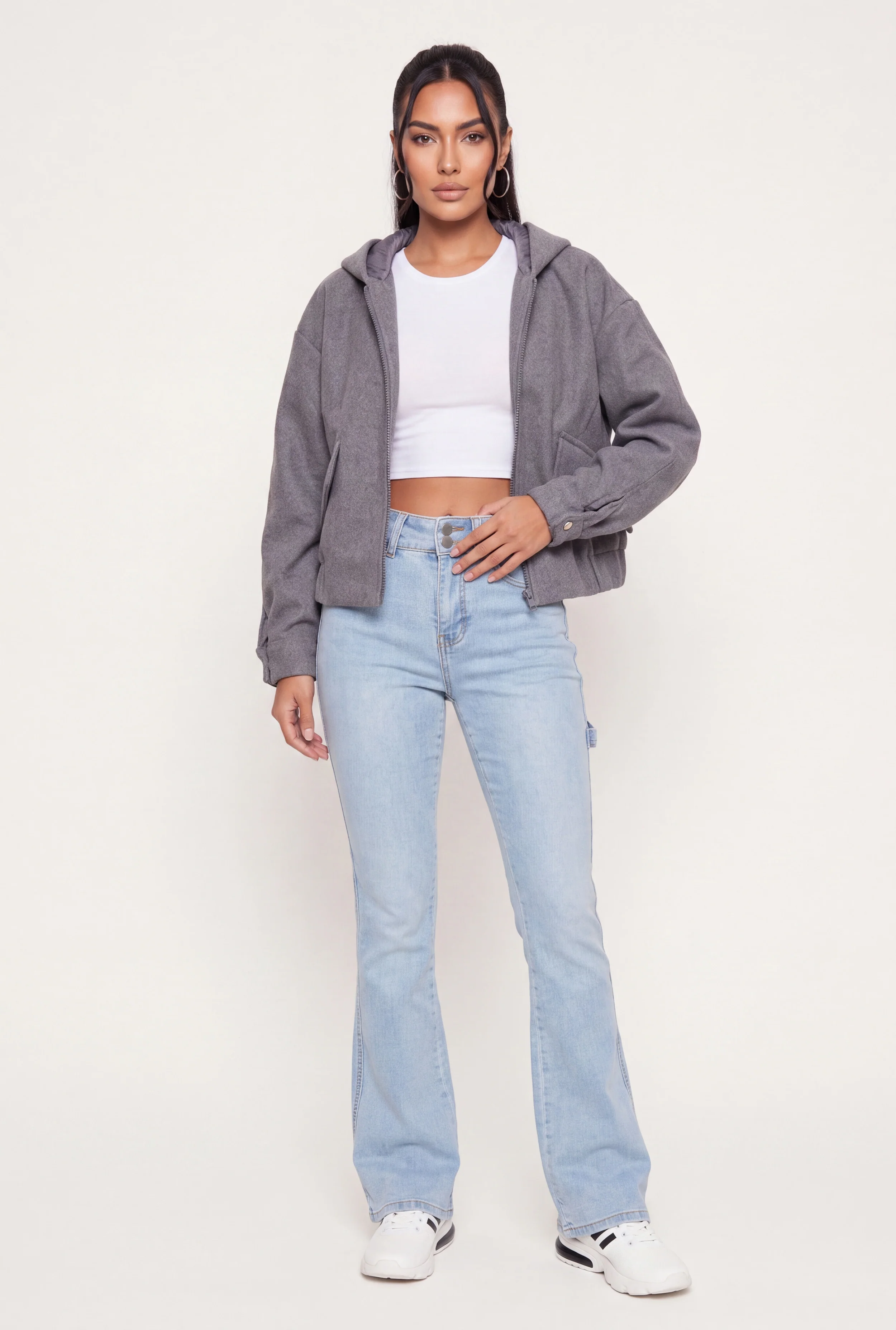 Slant Pocket Zip Front Hooded Bomber Jacket