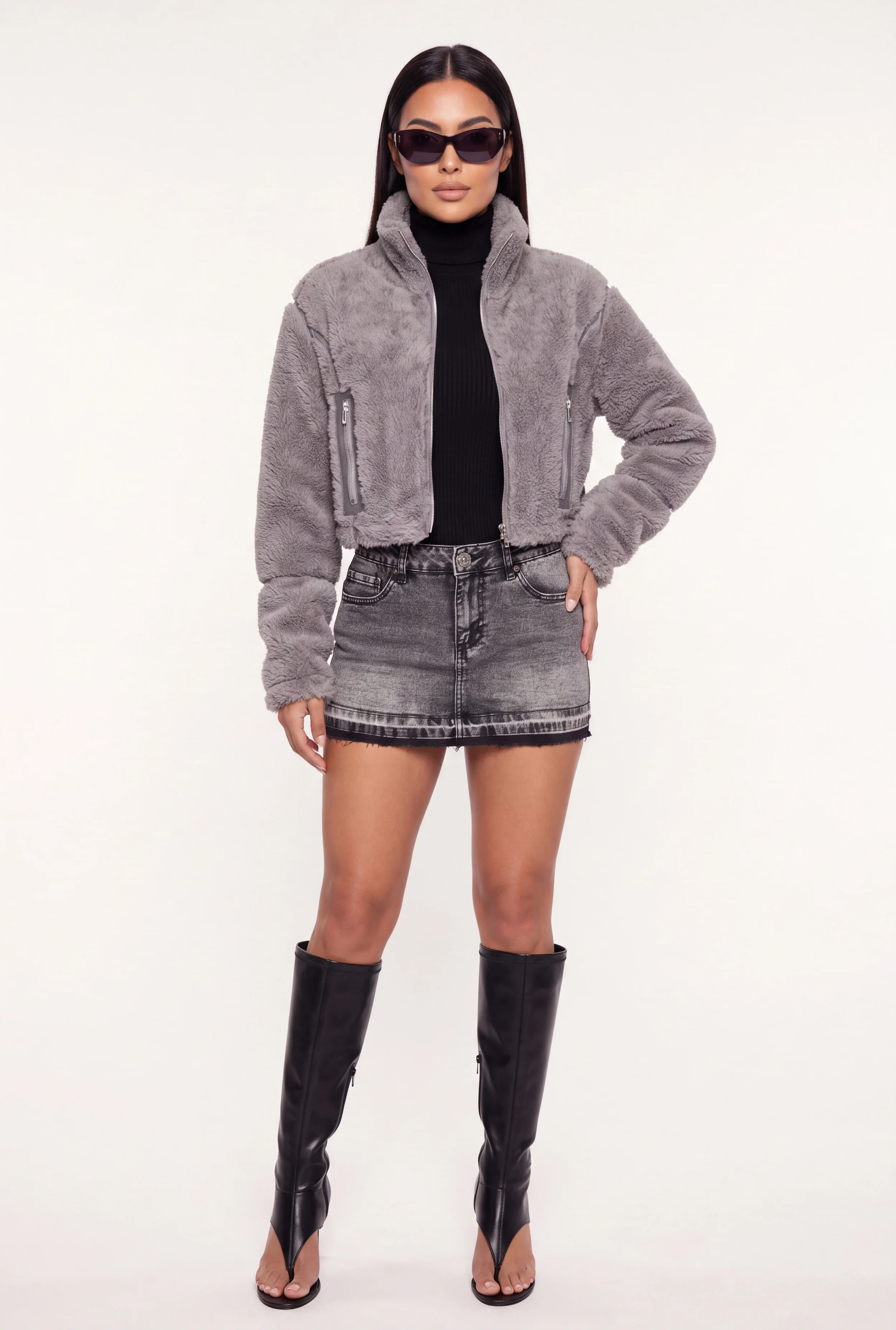 Faux Leather Detail Zip Front Sherpa Jacket