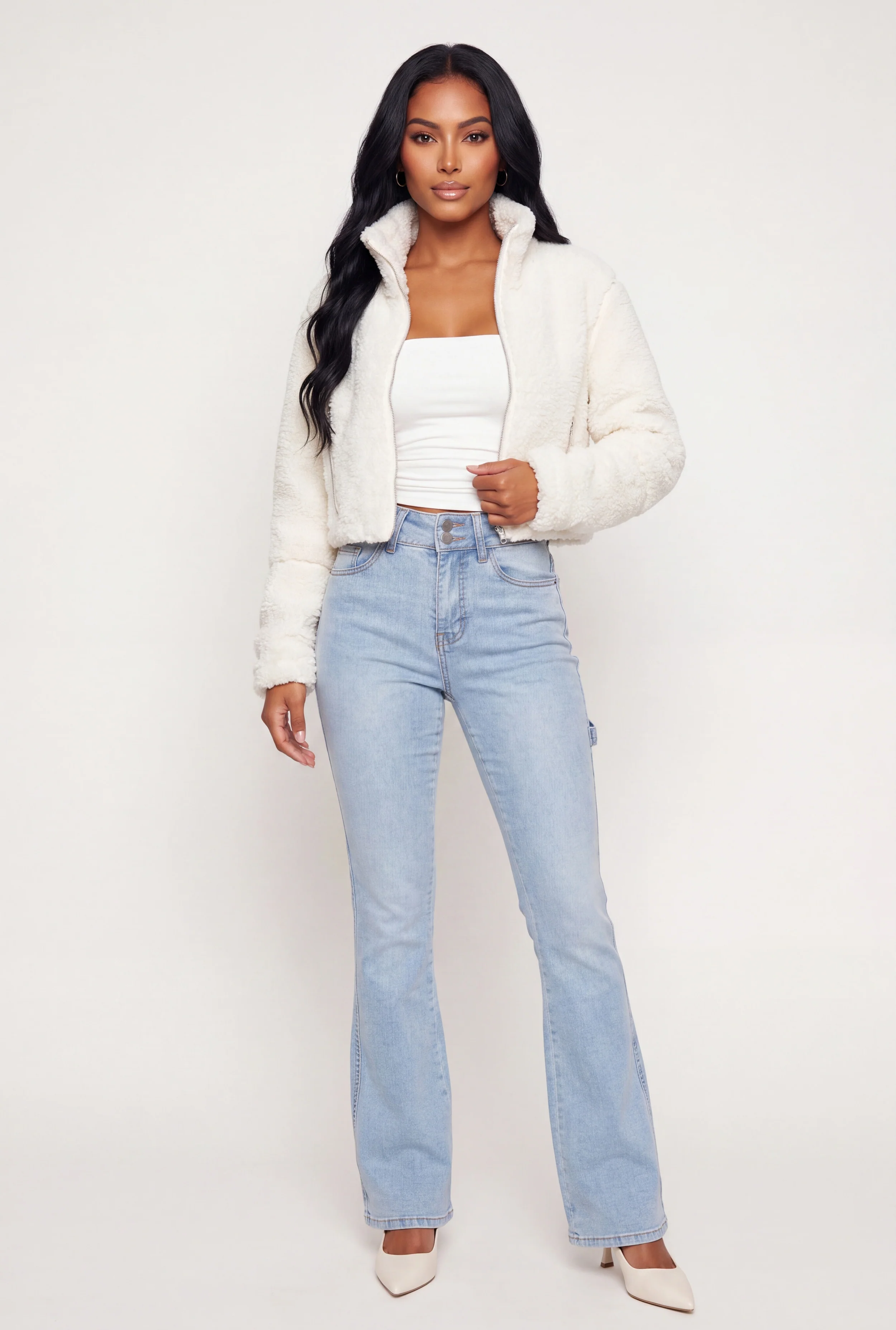 Faux Leather Detail Zip Front Sherpa Jacket