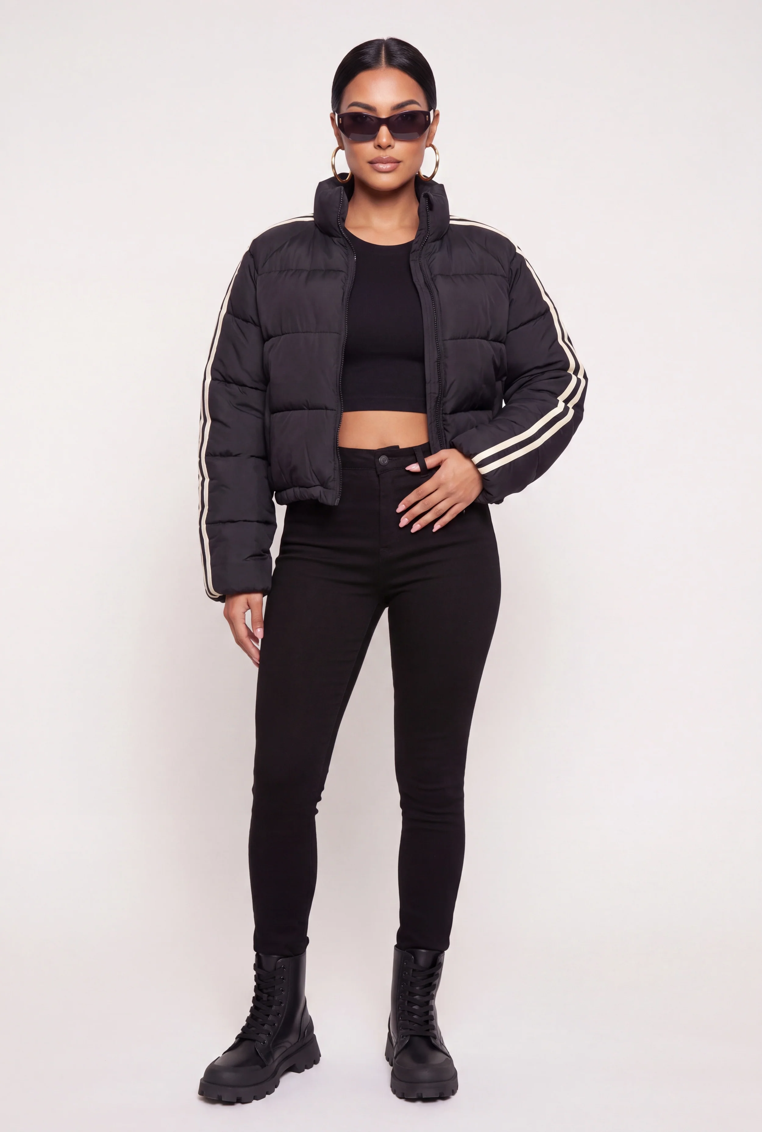 Contrast Trim Mock Neck Zip Front Puffer Jacket