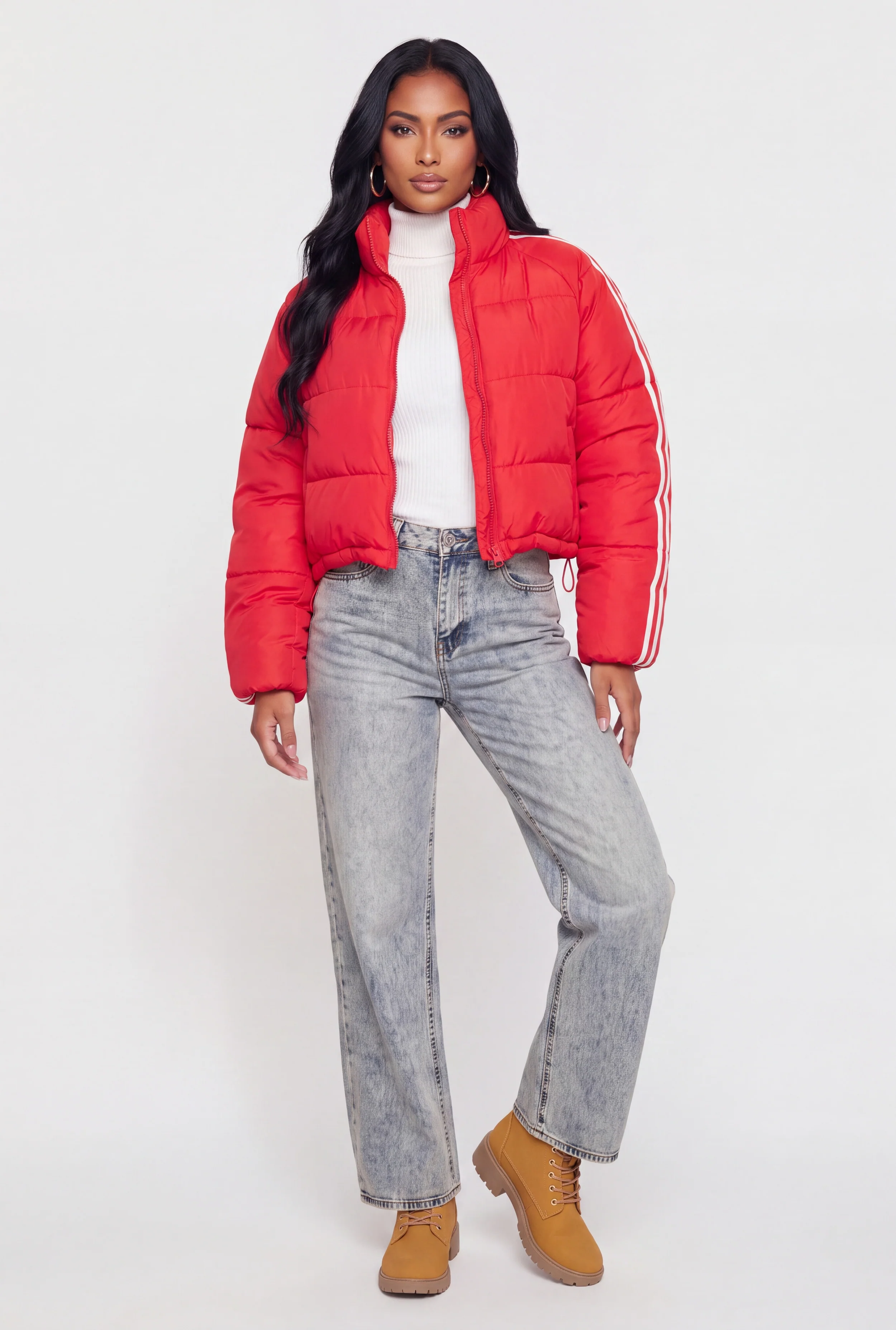 Contrast Trim Mock Neck Zip Front Puffer Jacket
