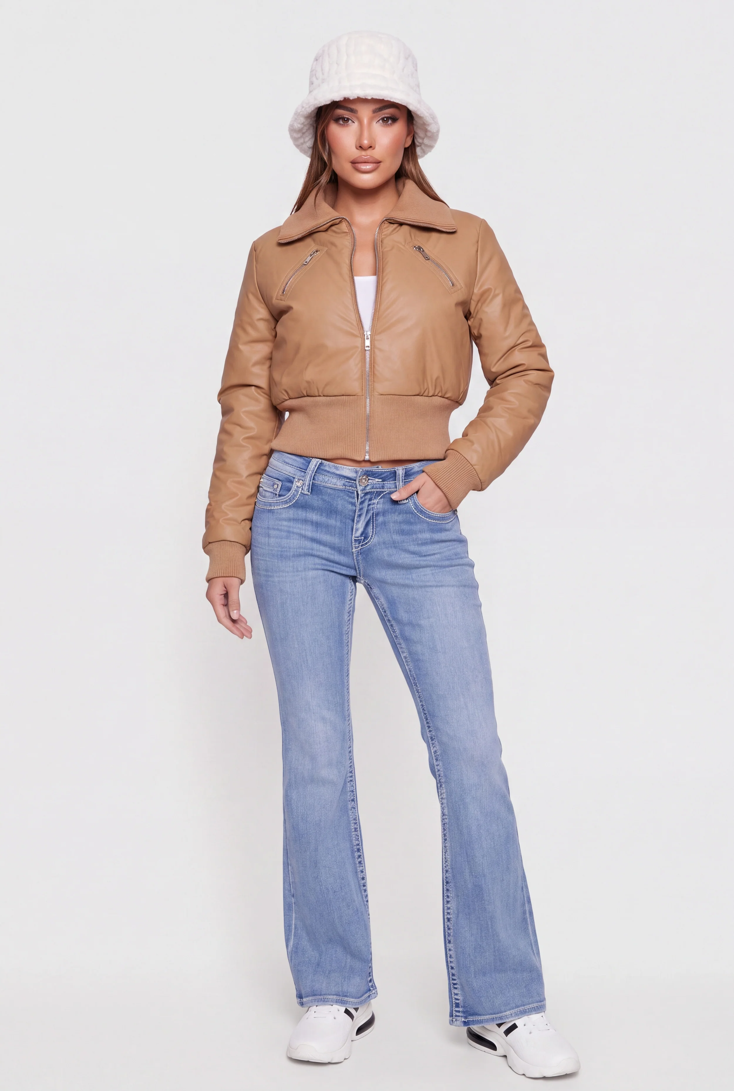 Faux Leather Zip Front Cropped Bomber Jacket