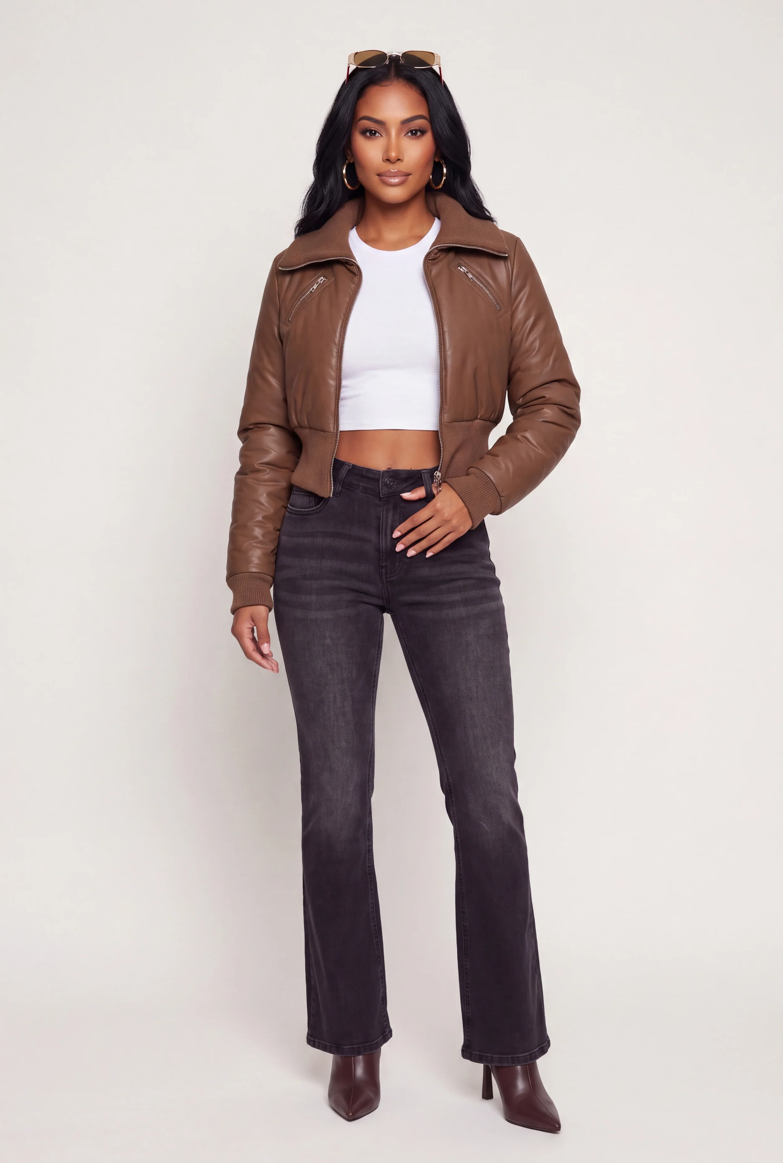 Faux Leather Zip Front Cropped Bomber Jacket
