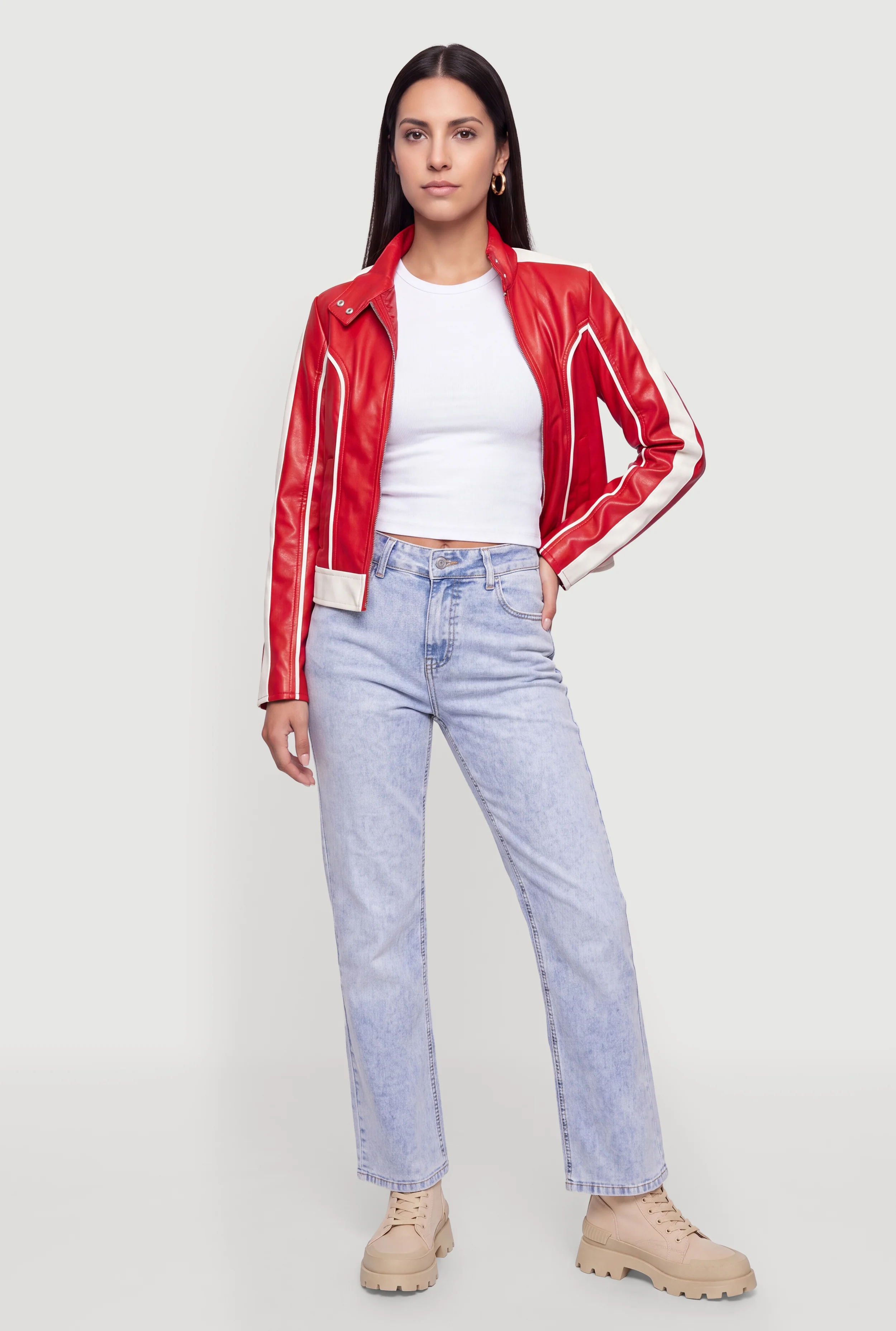 Contrast Trim Faux Leather Moto Jacket