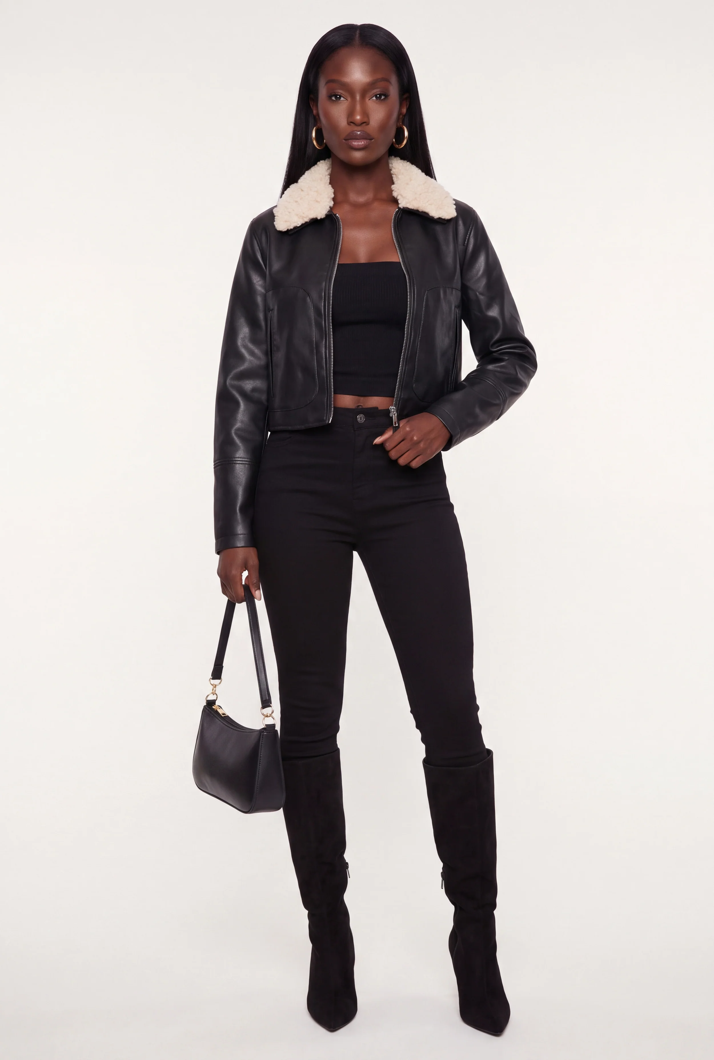 Faux Leather Zip Front Bomber Jacket with Removable Sherpa Collar