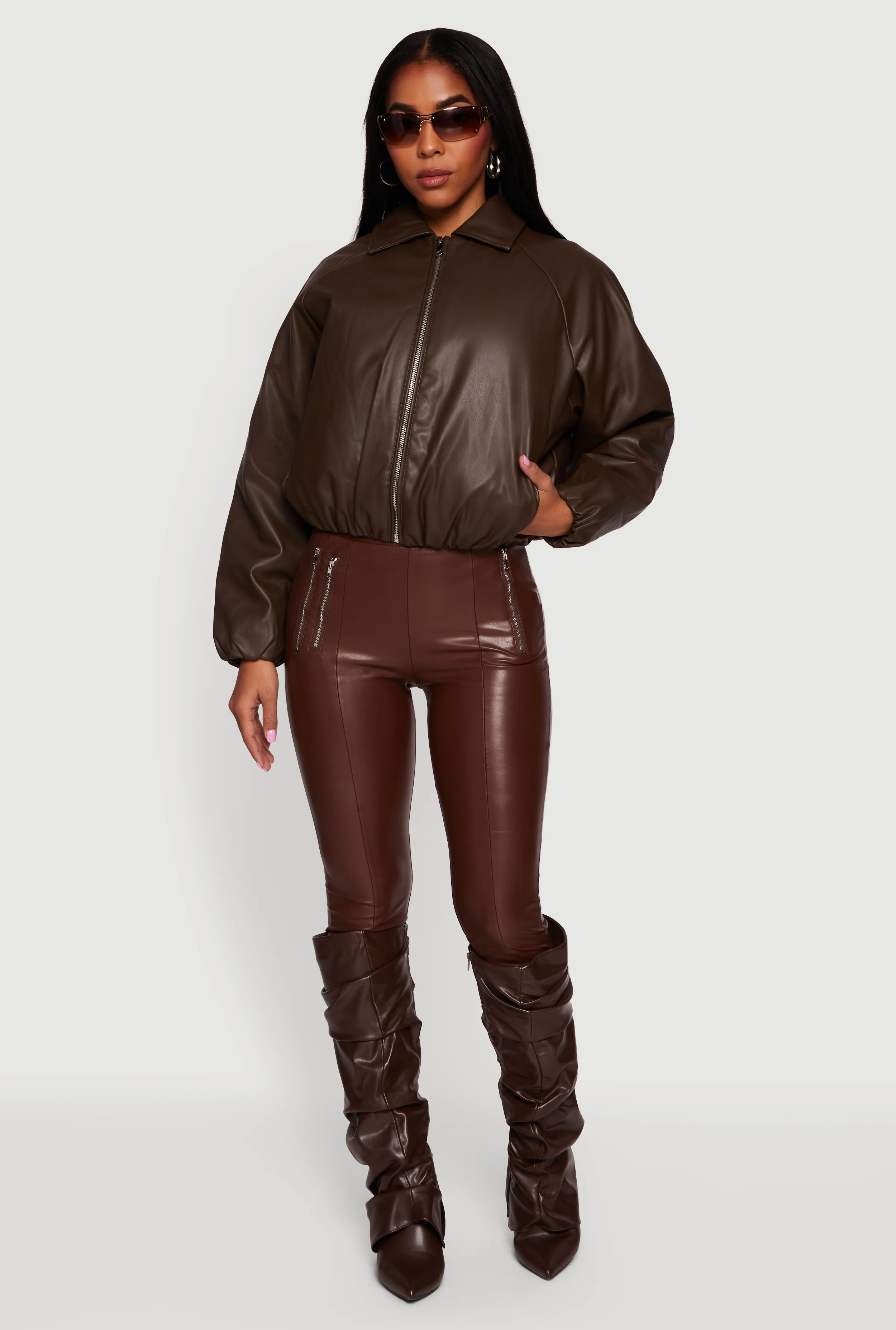 Faux Leather Zip Front Bubble Hem Jacket