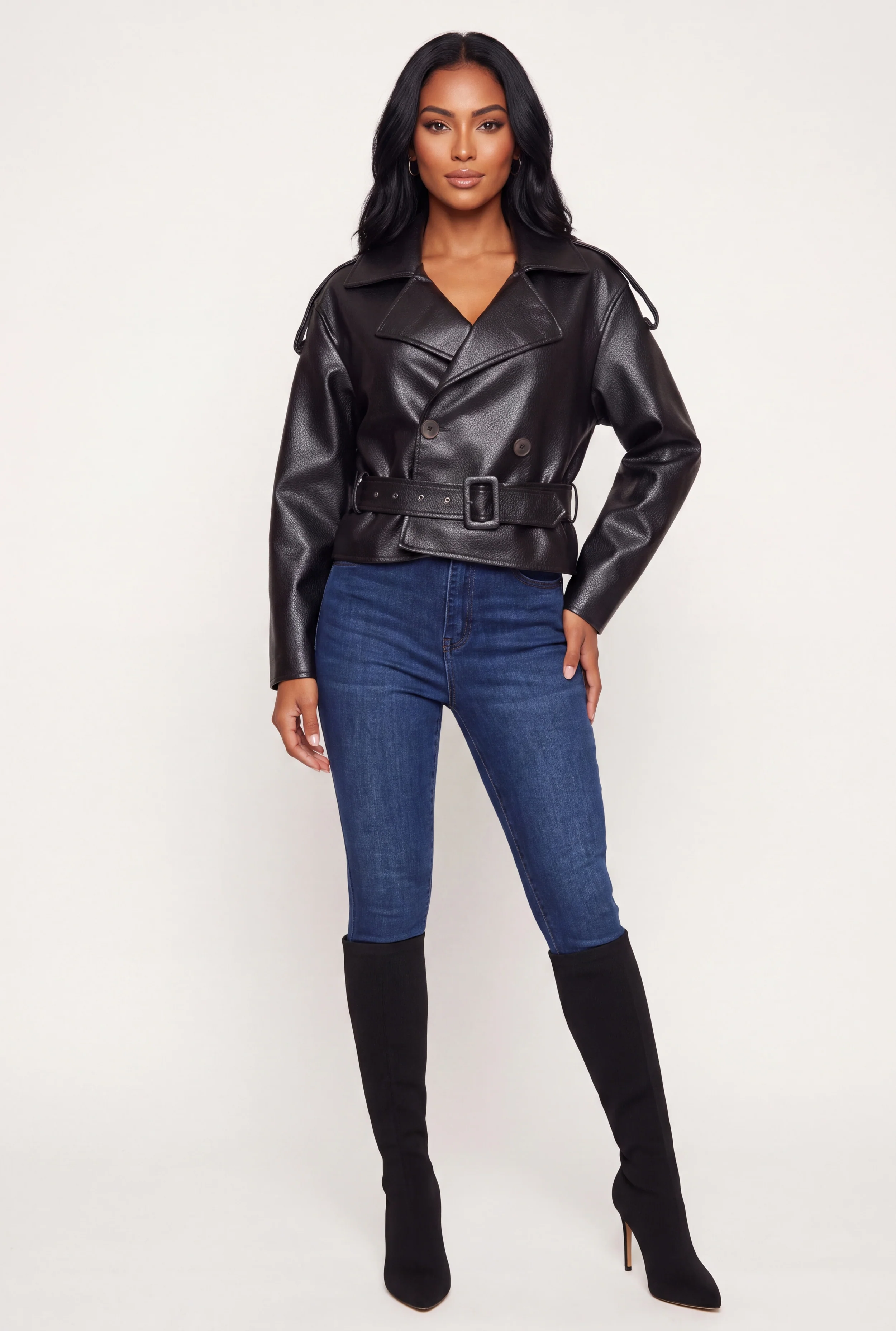 Faux Leather Button Front Cropped Trench Coat