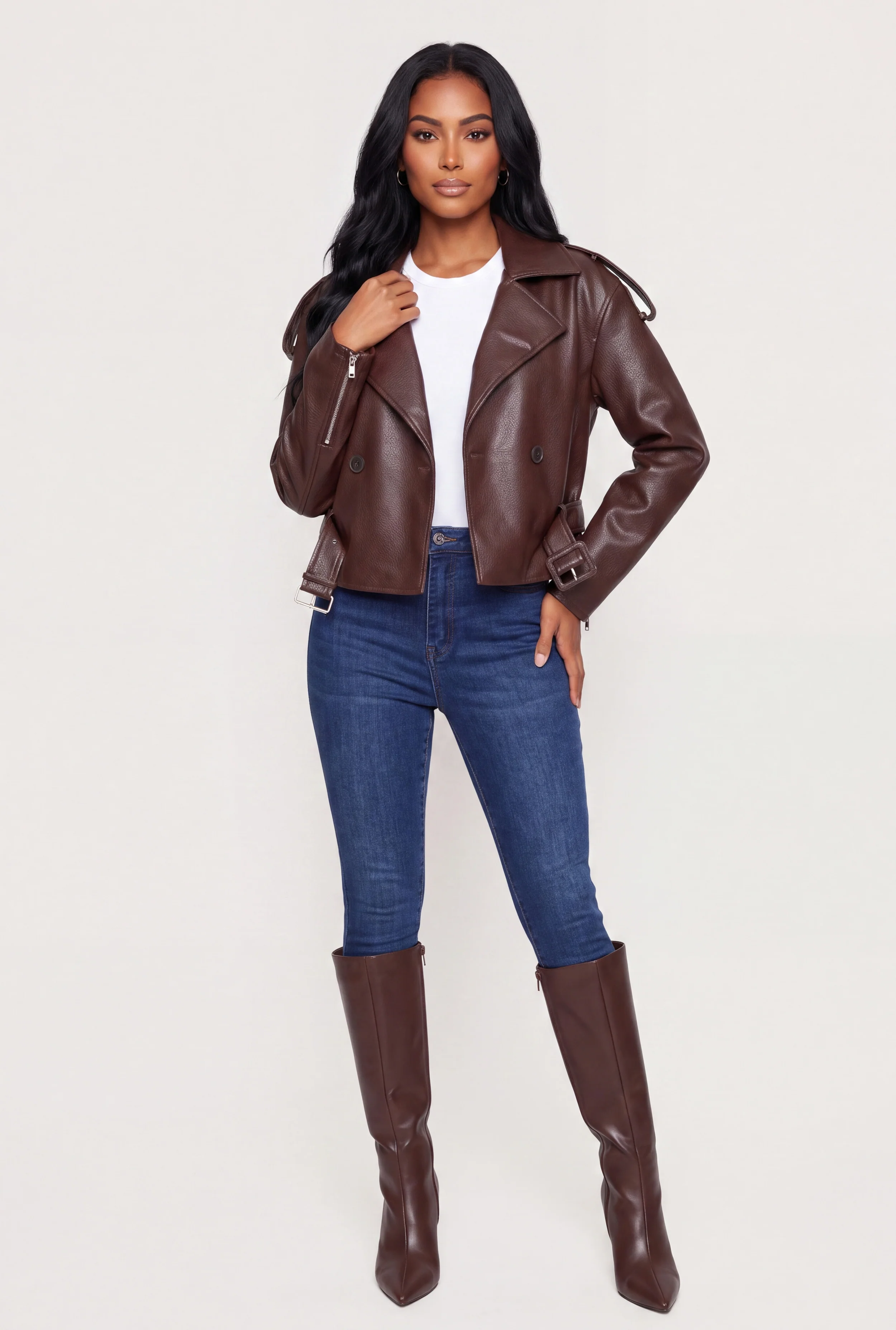 Faux Leather Button Front Cropped Trench Coat