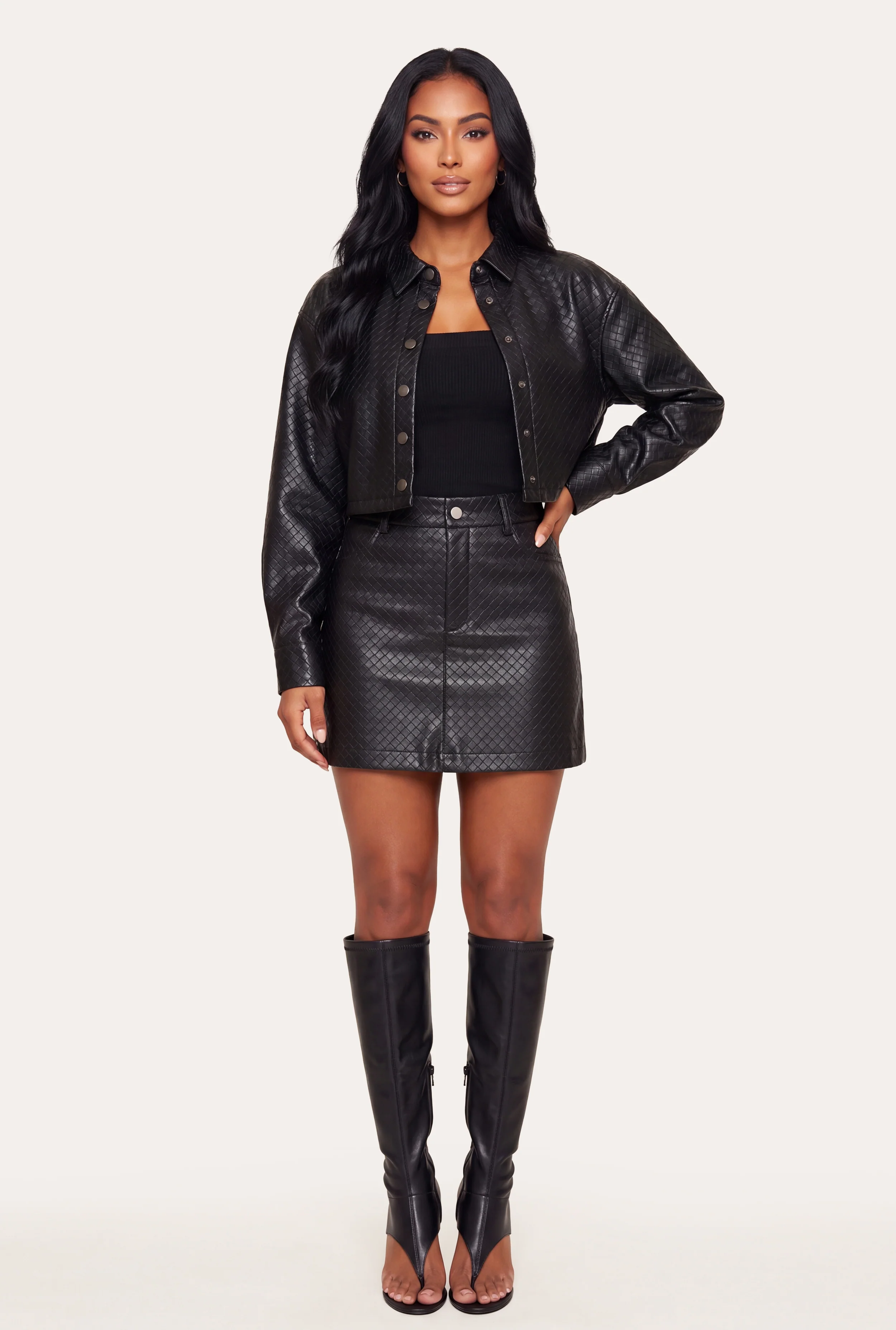 Quilted Faux Leather Snap Button Front Jacket