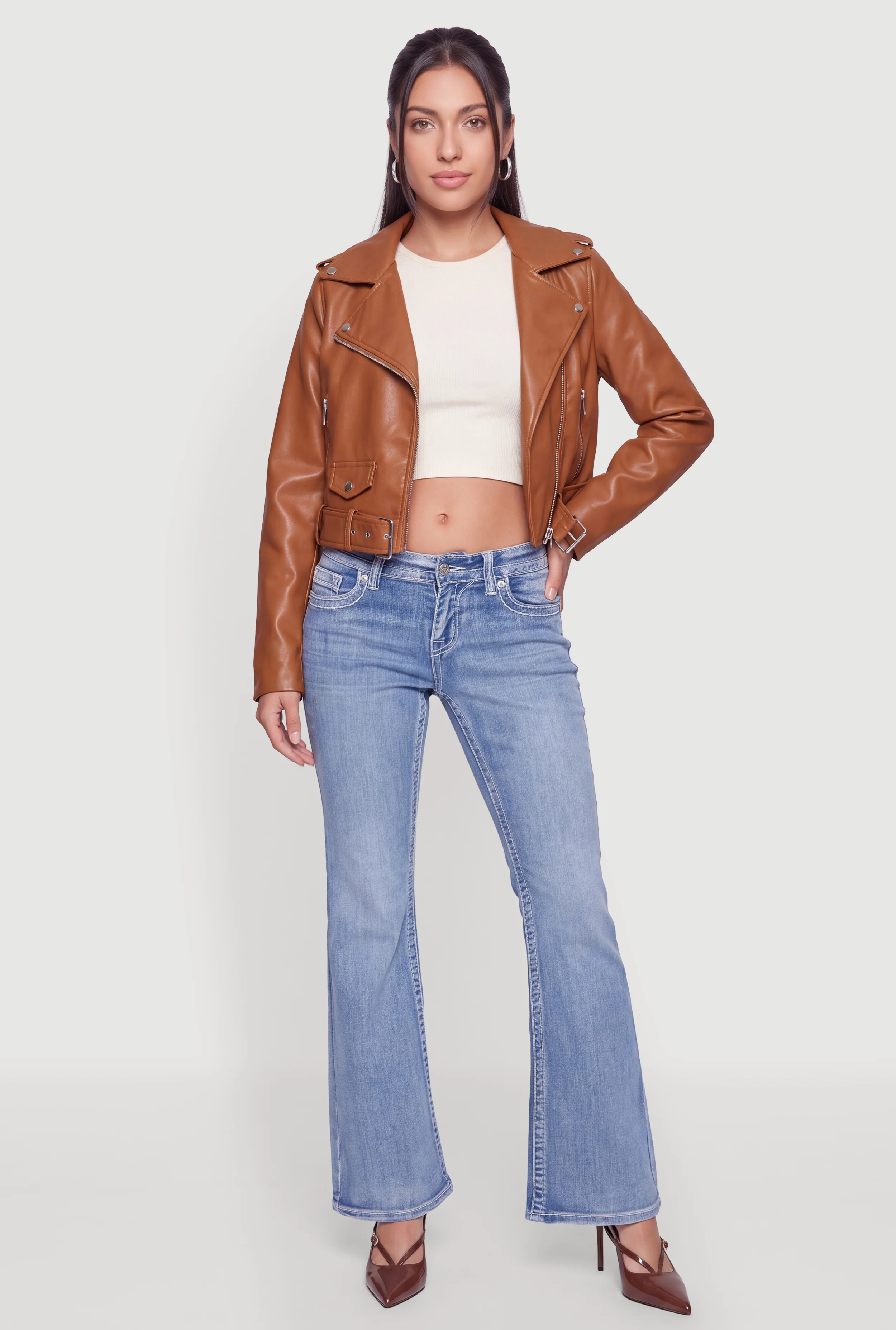 Faux Leather Zip Front Cropped Moto Jacket