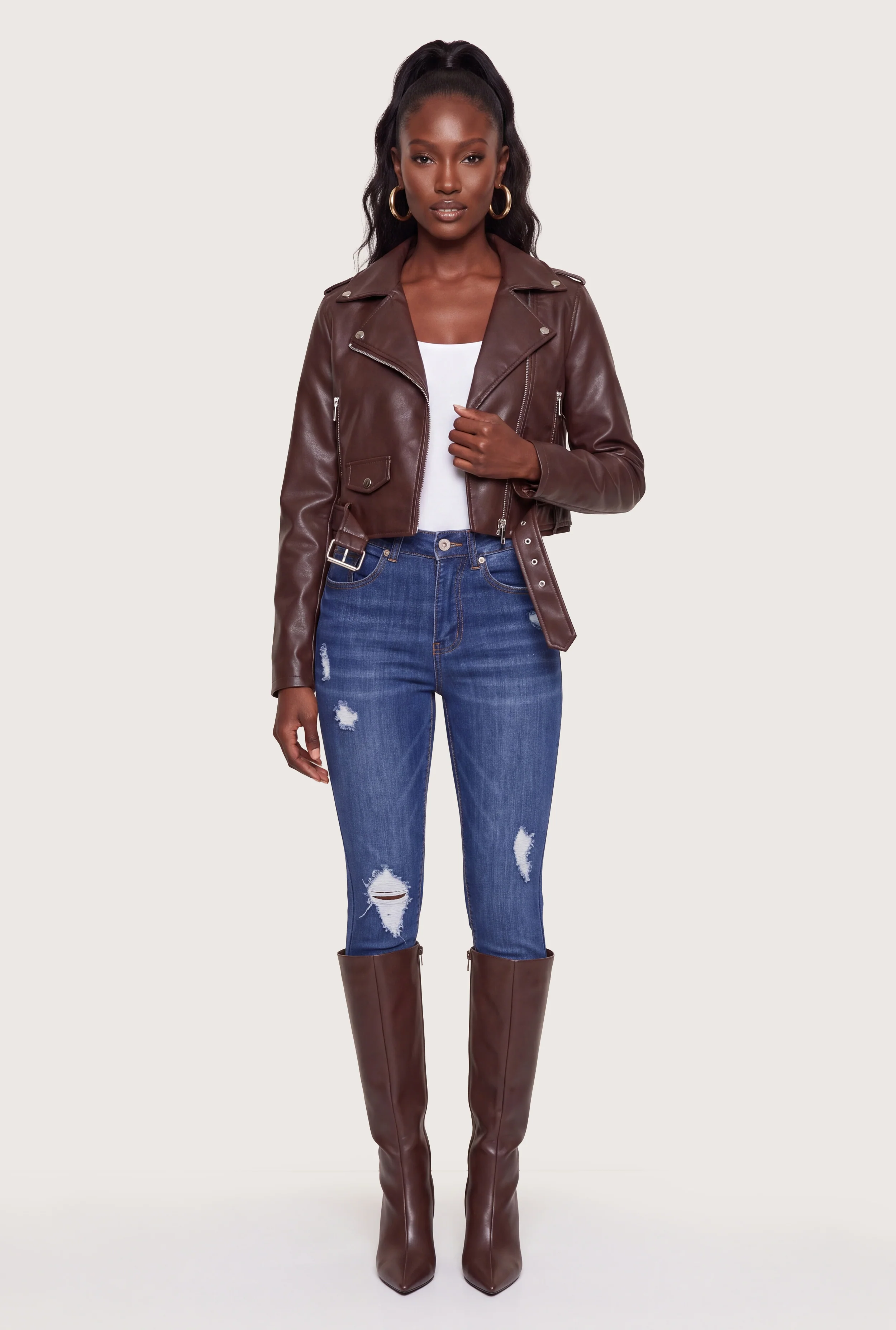 Faux Leather Zip Front Cropped Moto Jacket
