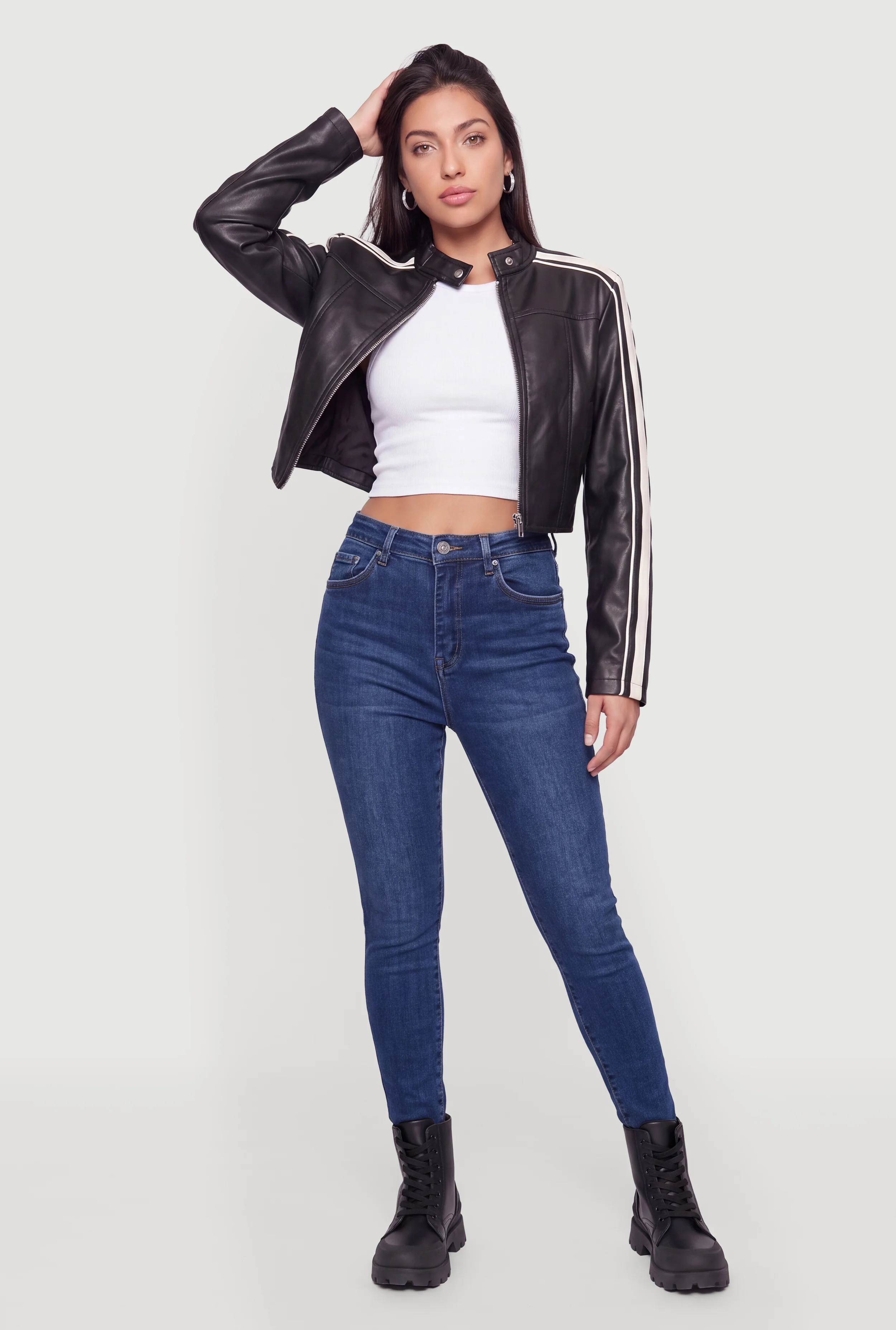 Faux Leather Contrast Trim Cropped Moto Jacket
