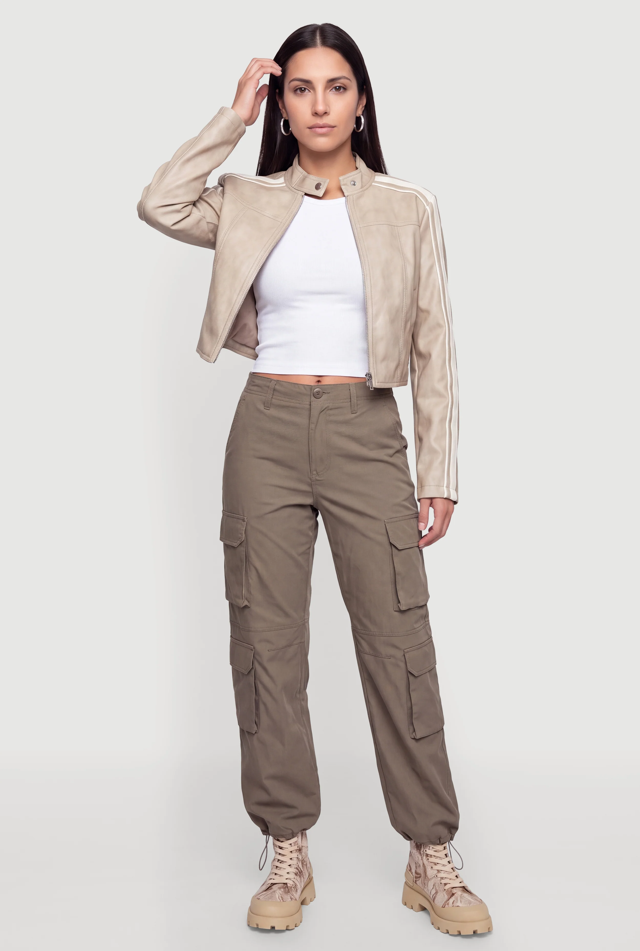 Faux Leather Contrast Trim Cropped Moto Jacket