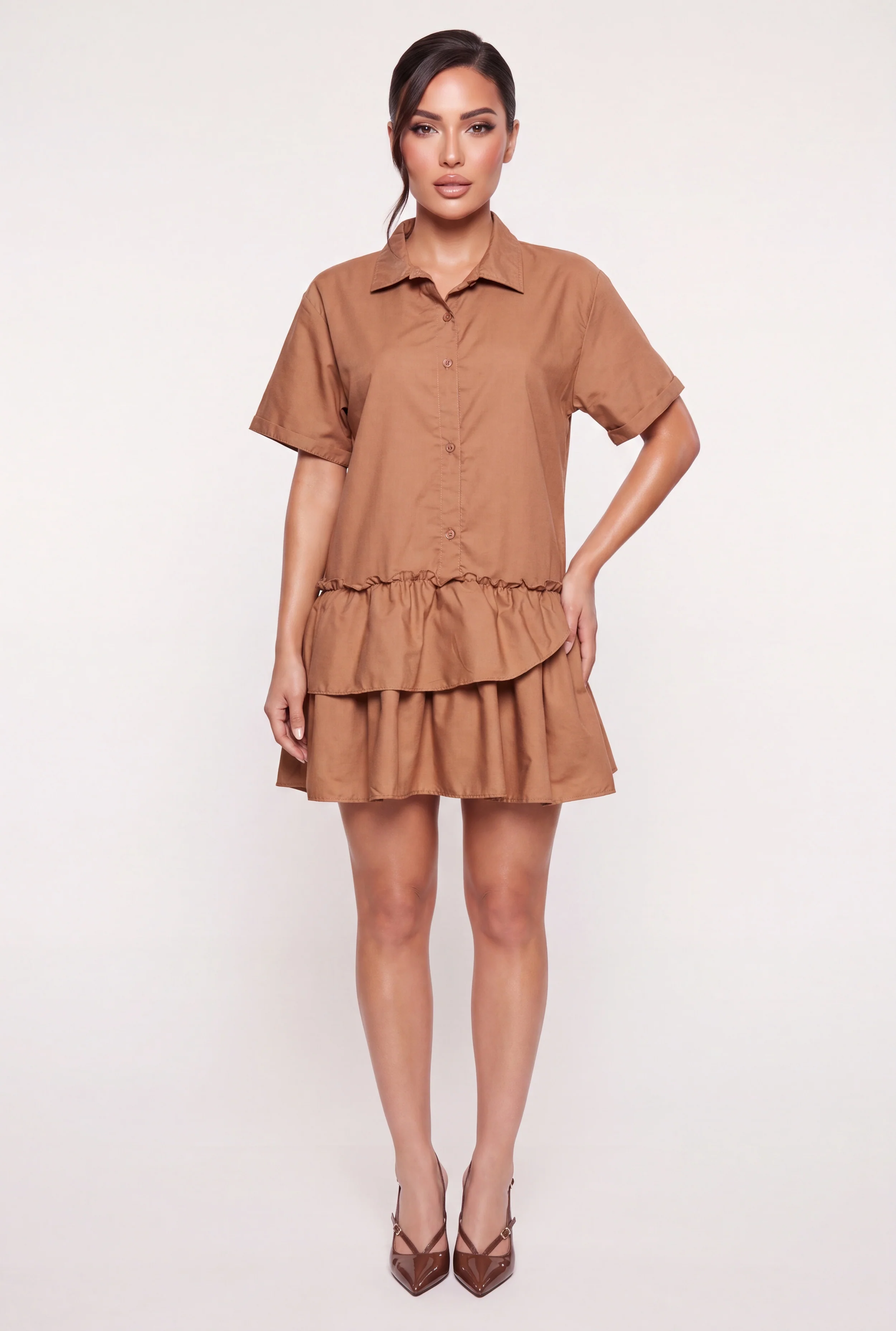 Button Front Tiered Ruffle Hem Shirt Dress