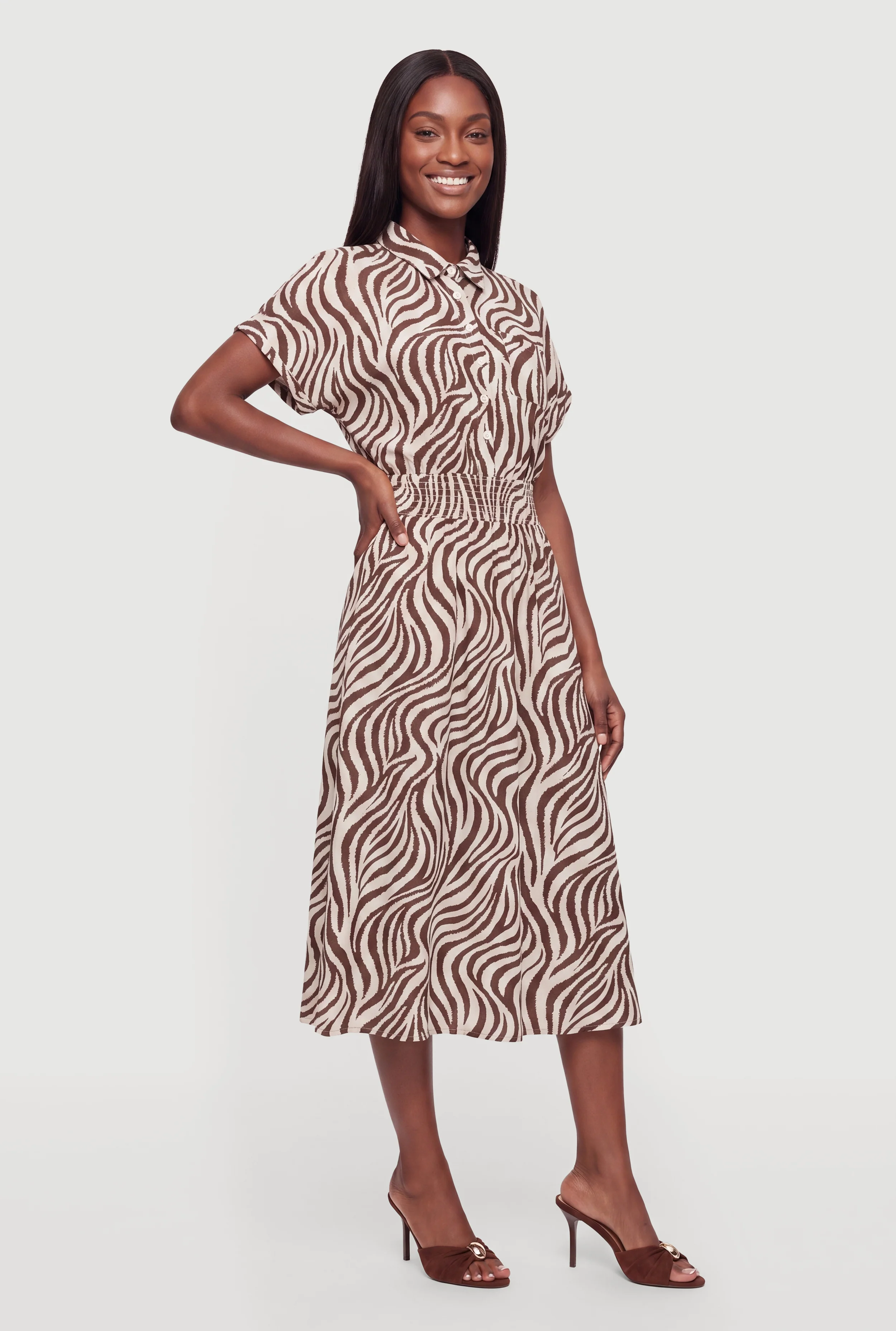 Zebra Print Cinched Waist Midi Shirt Dress