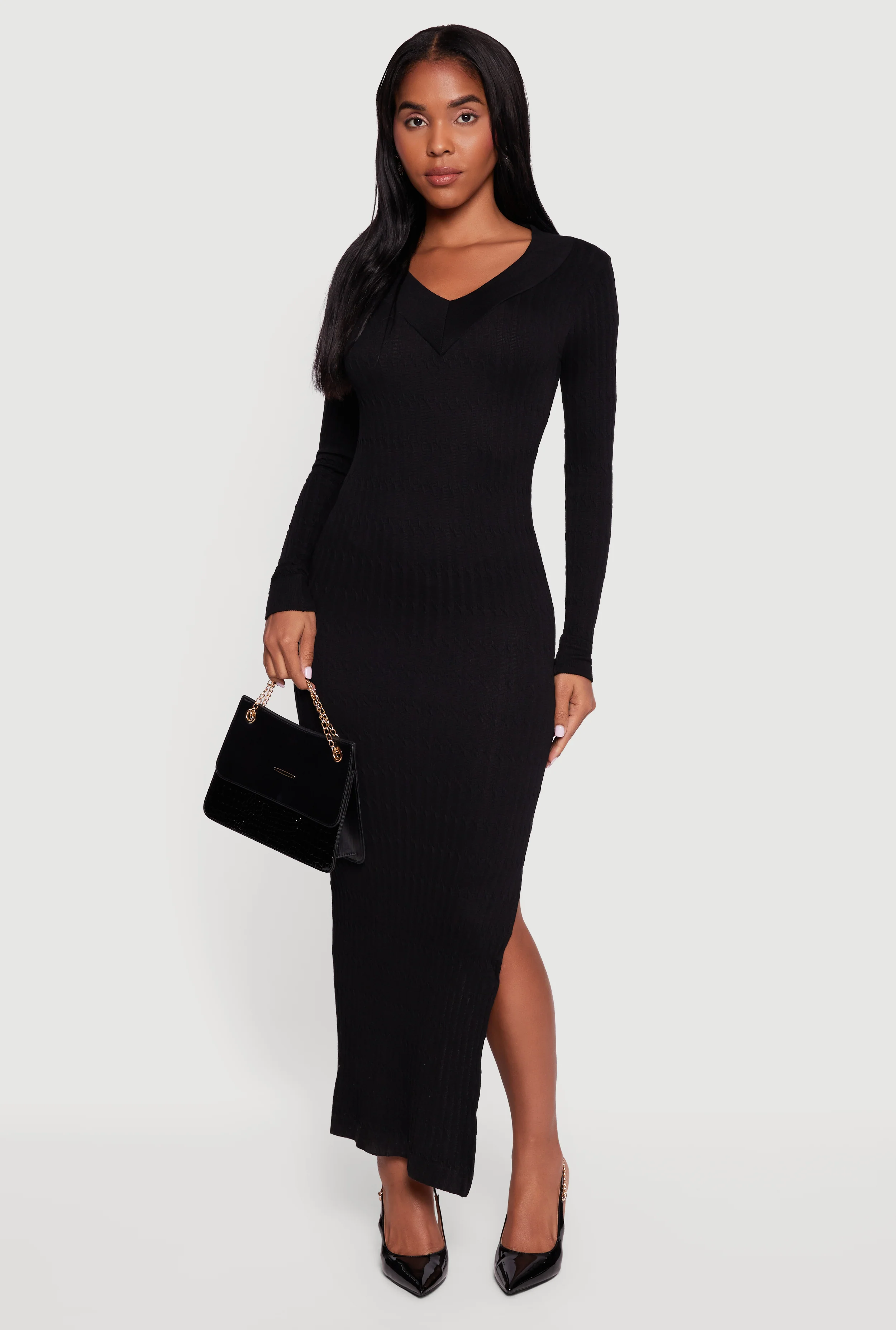 Long Sleeve V Neck Side Slit Sweater Dress