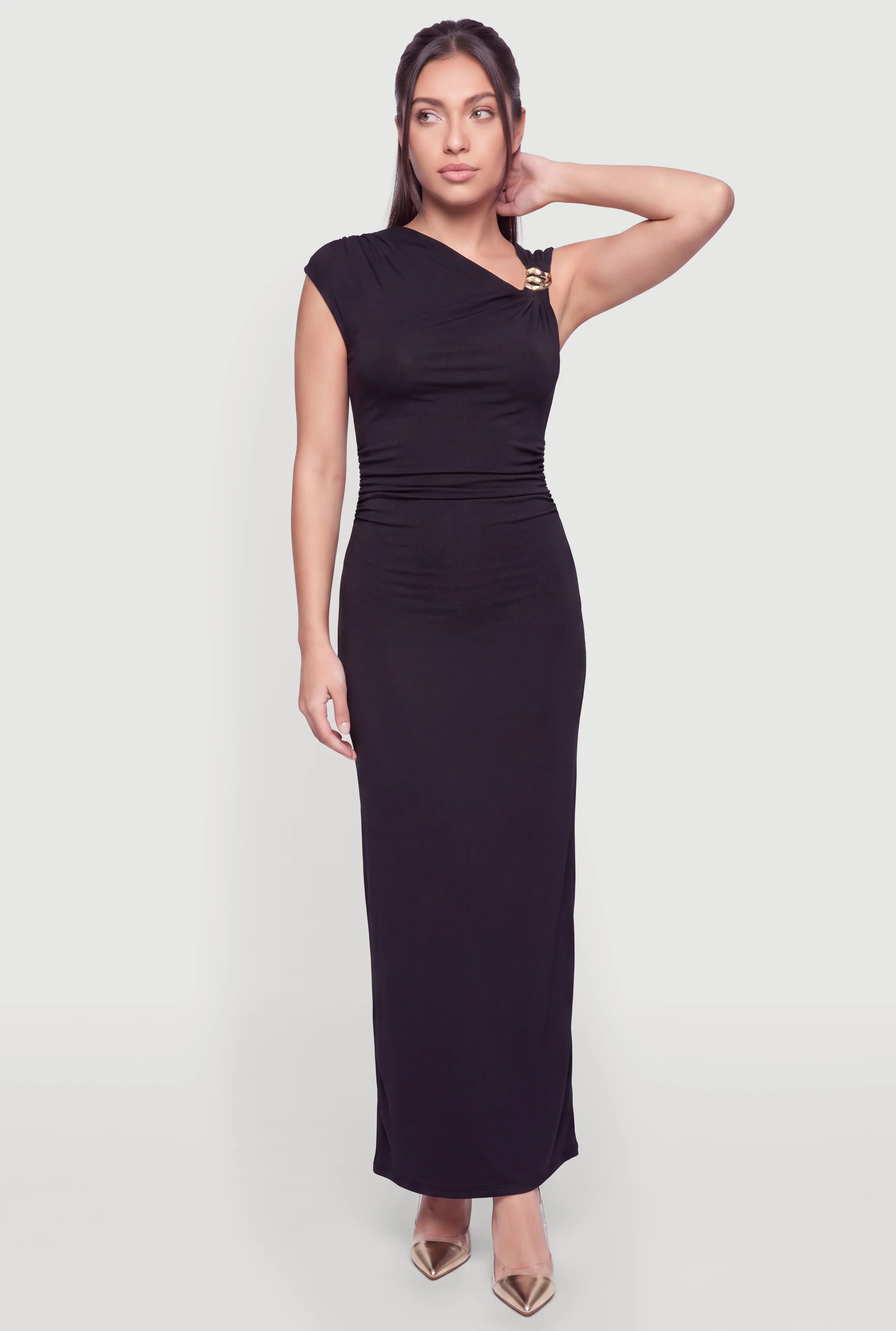 Ruched One Shoulder Metallic Detail Maxi Dress