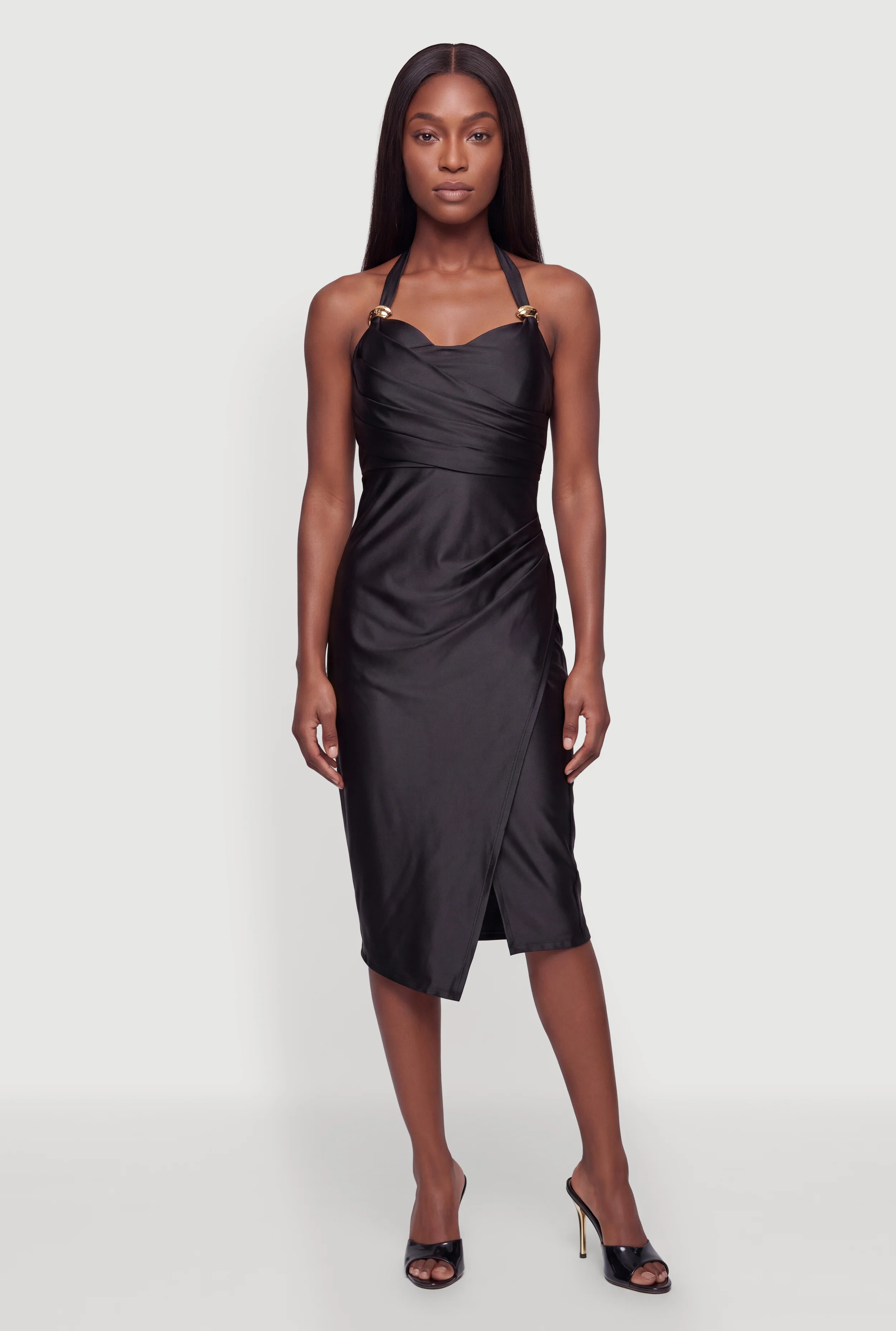 Metallic Detail Cowl Neck Halter Midi Dress