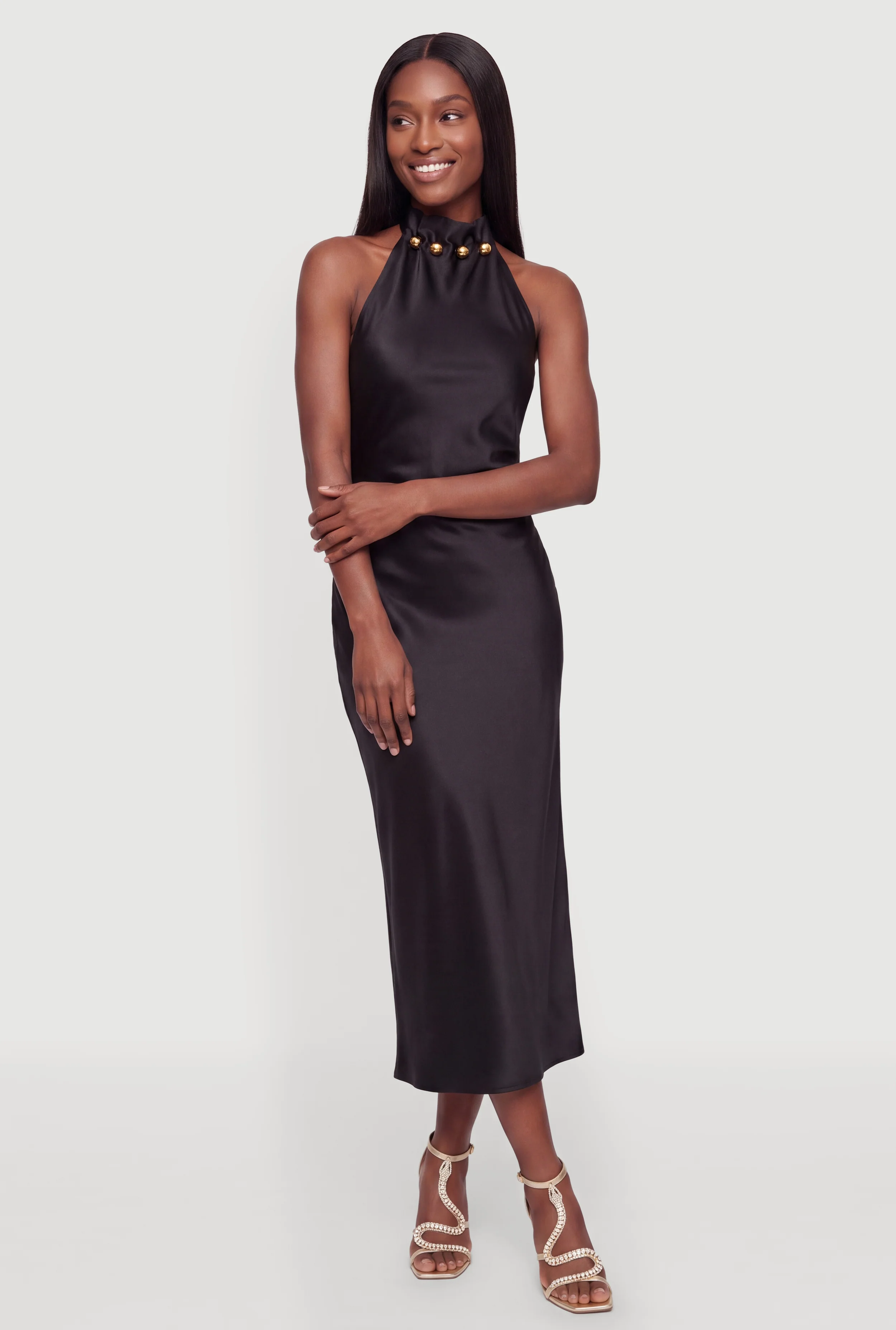 Metallic Beaded Detail Tie Back Halter Dress