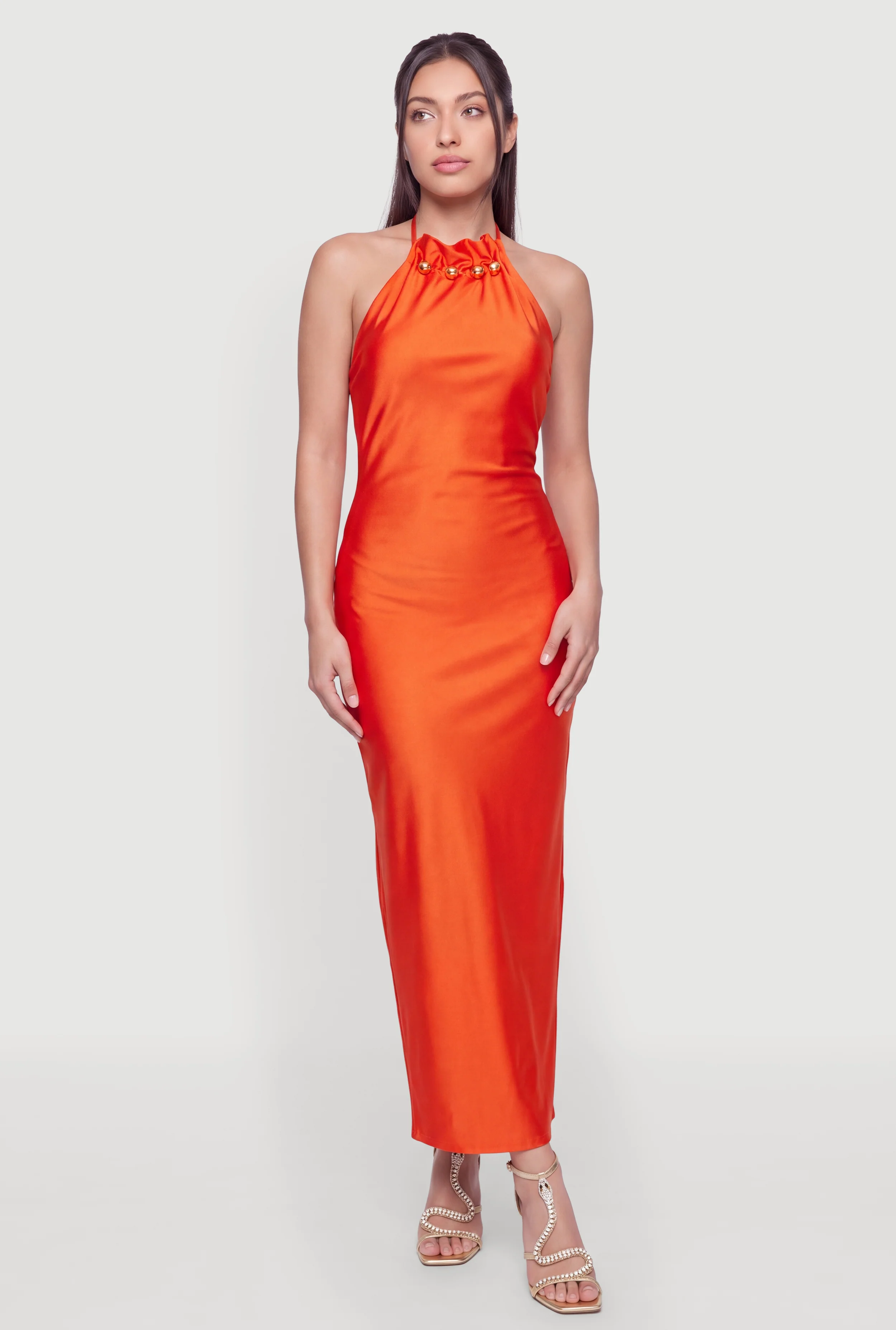 Metallic Beaded Detail Tie Back Halter Dress
