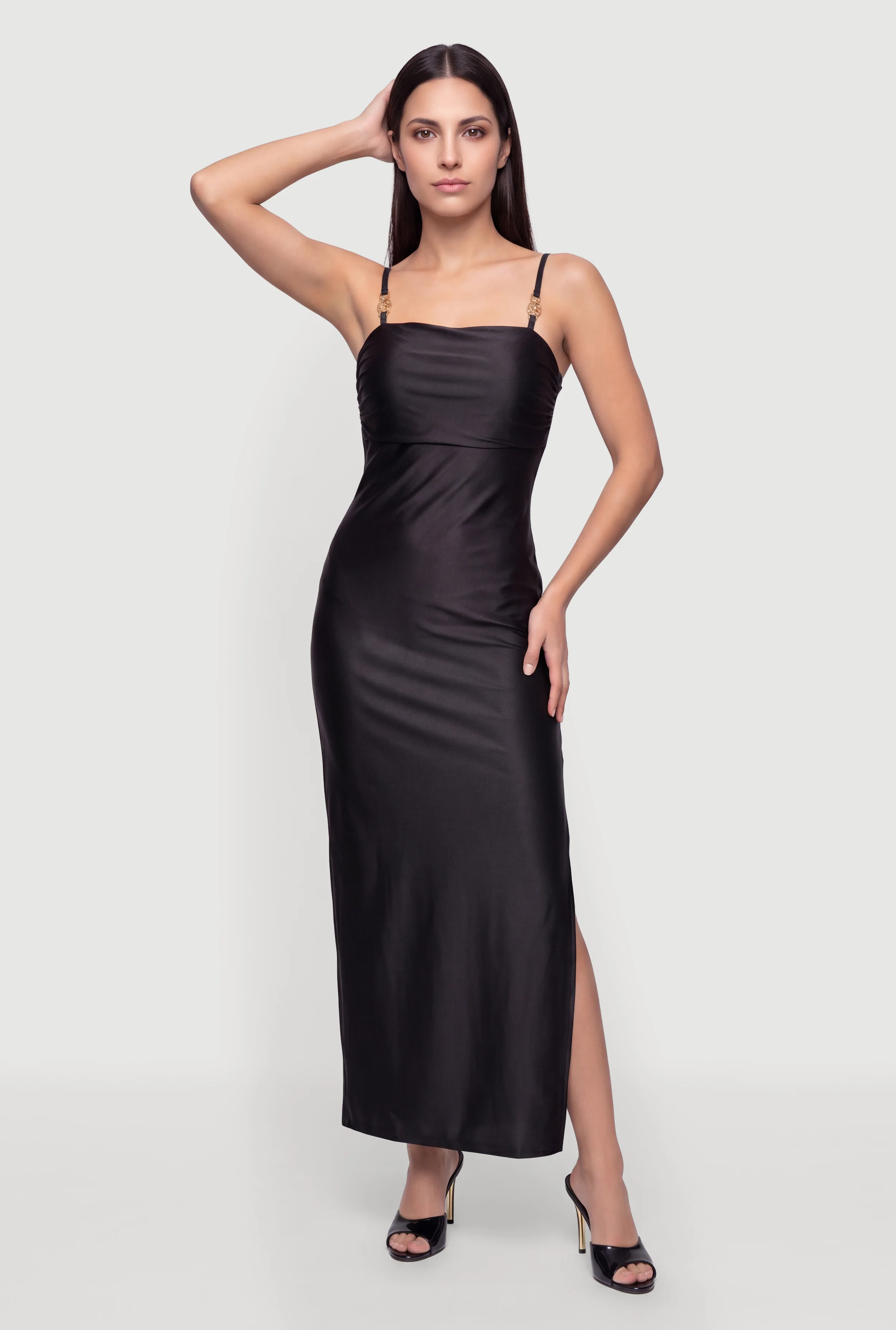 Metallic Detail Sleeveless Side Slit Maxi Dress
