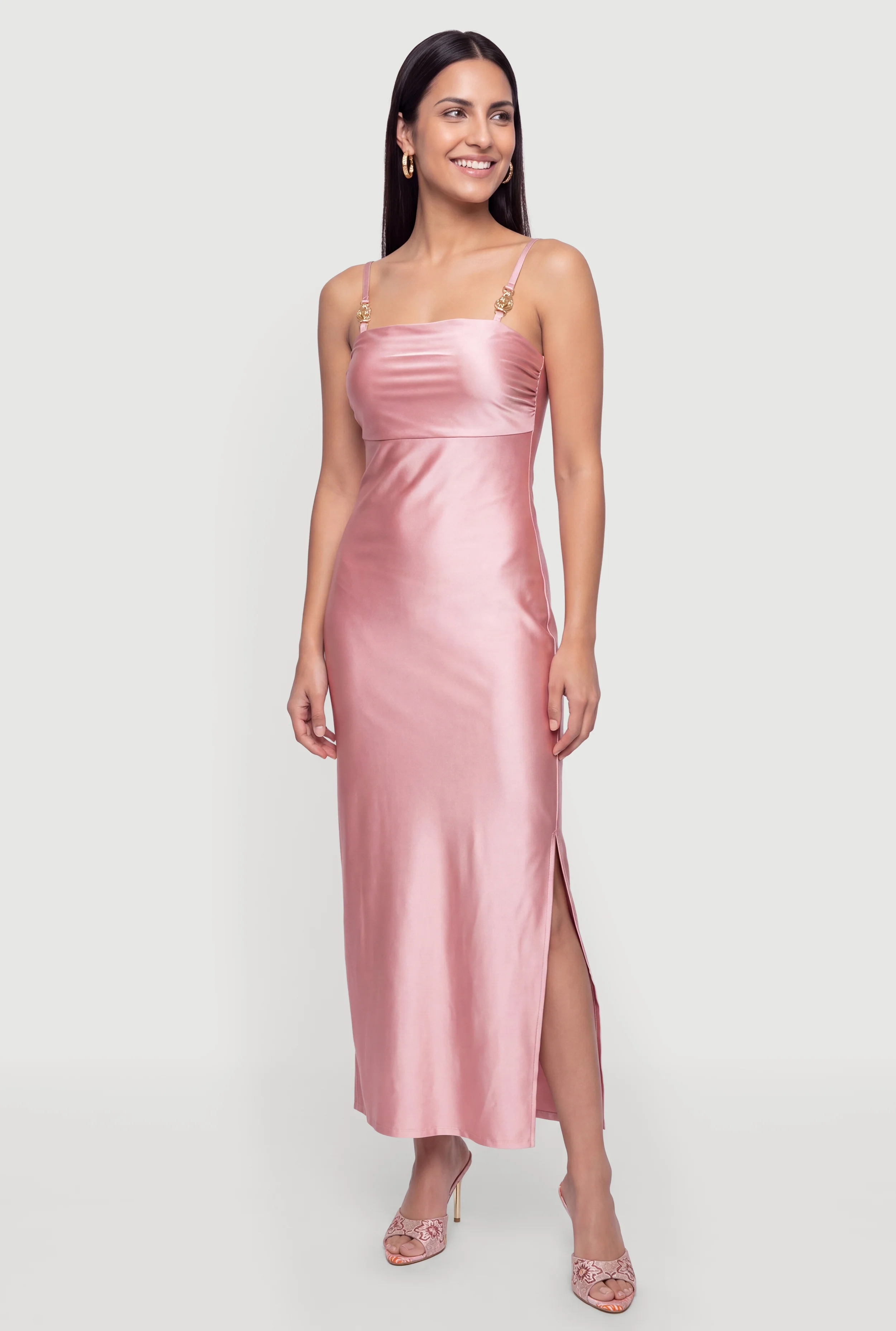 Metallic Detail Sleeveless Side Slit Maxi Dress