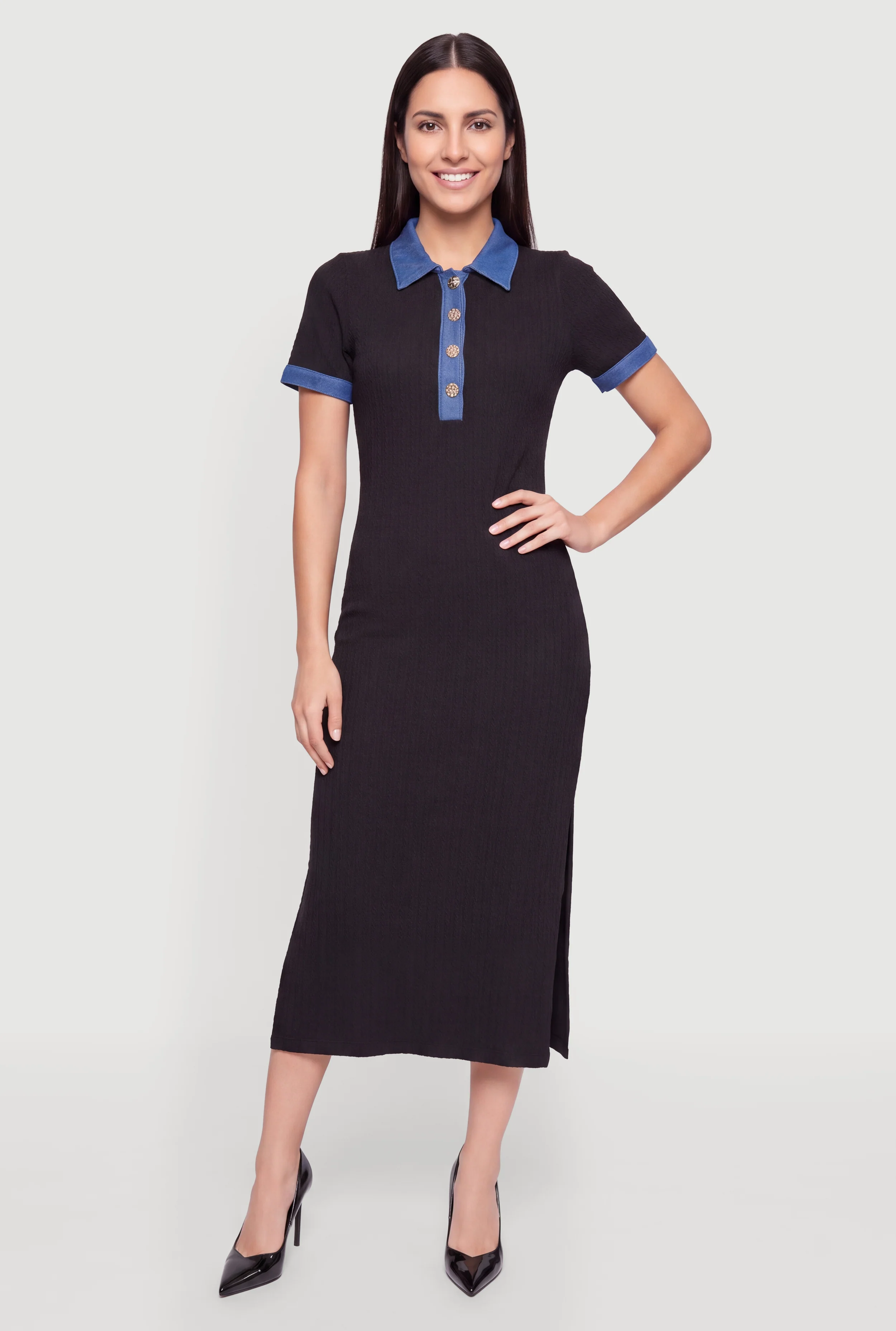 Chic Chambray Detail Textured Knit Polo Dress