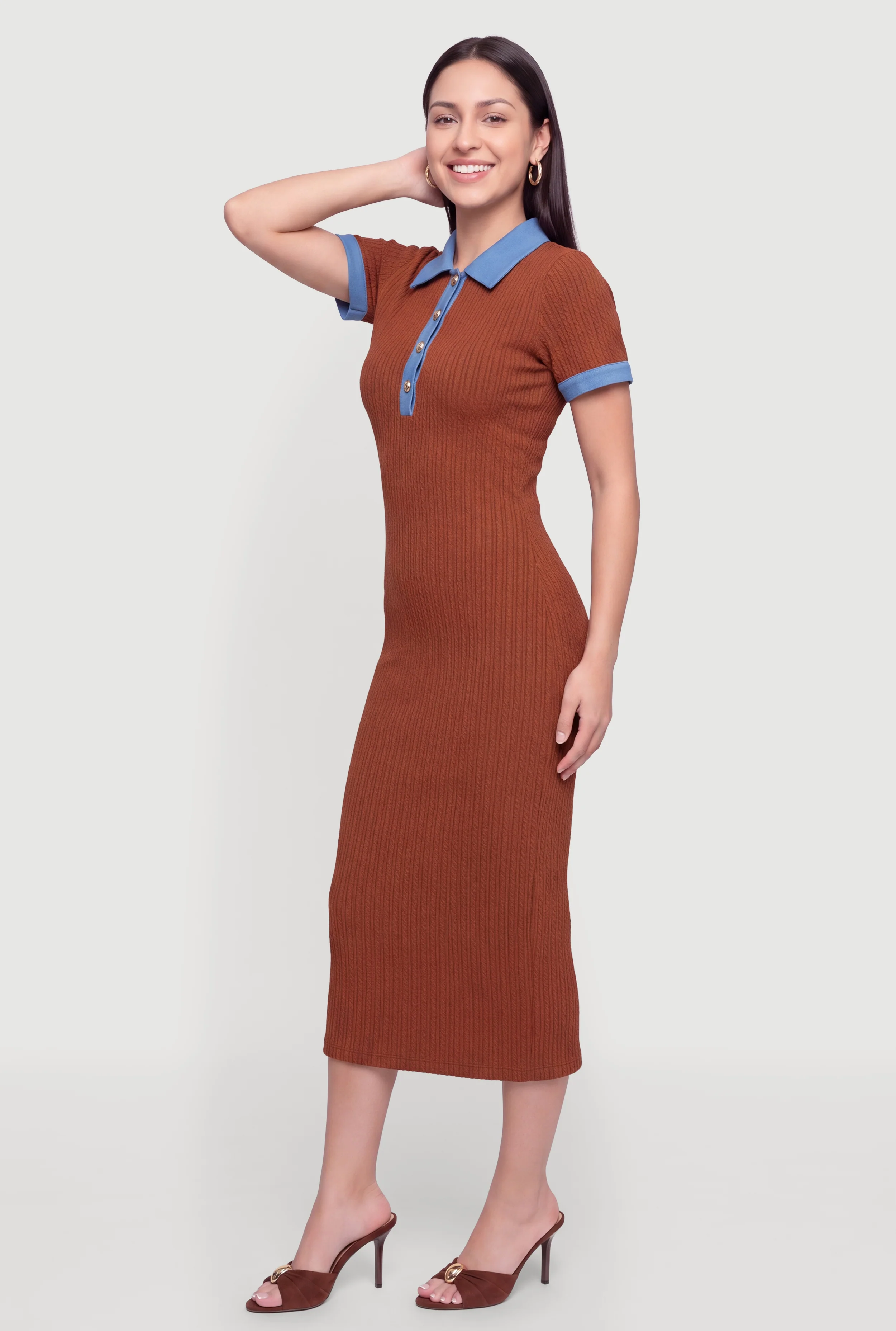 Chic Chambray Detail Textured Knit Polo Dress