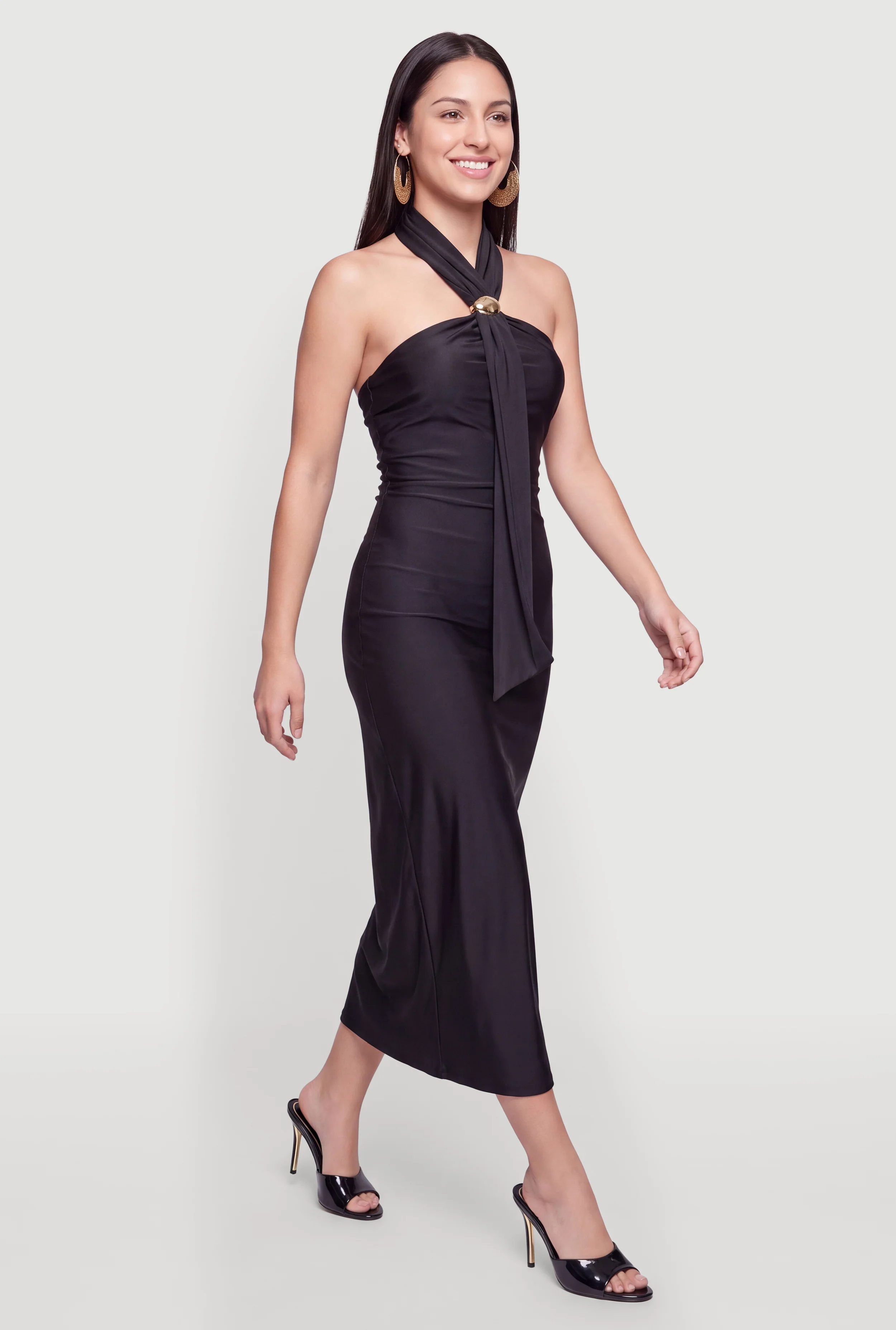Metallic Pendant Scarf Detail Halter Maxi Dress