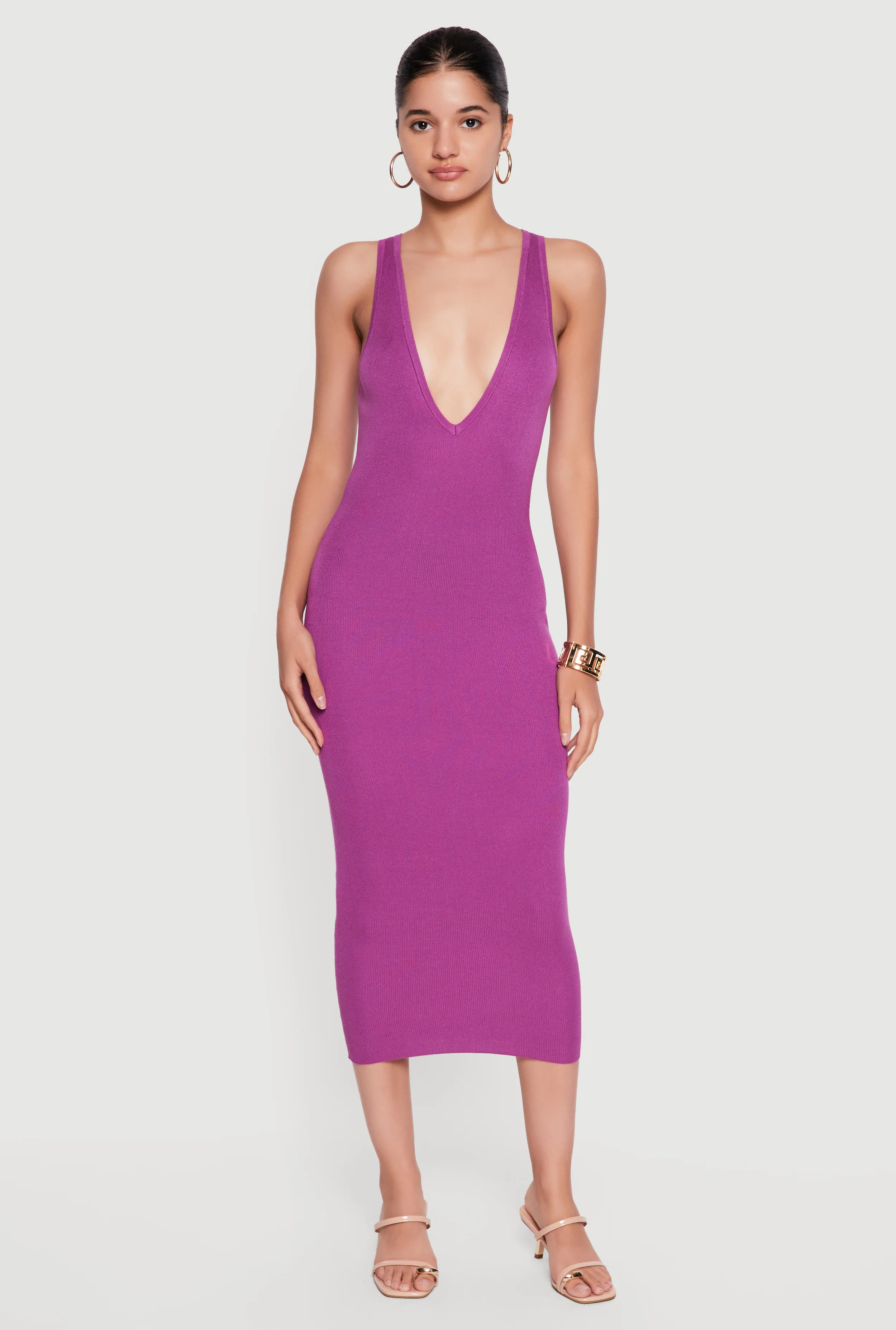 Plunge Neckline Sleeveless Midi Dress