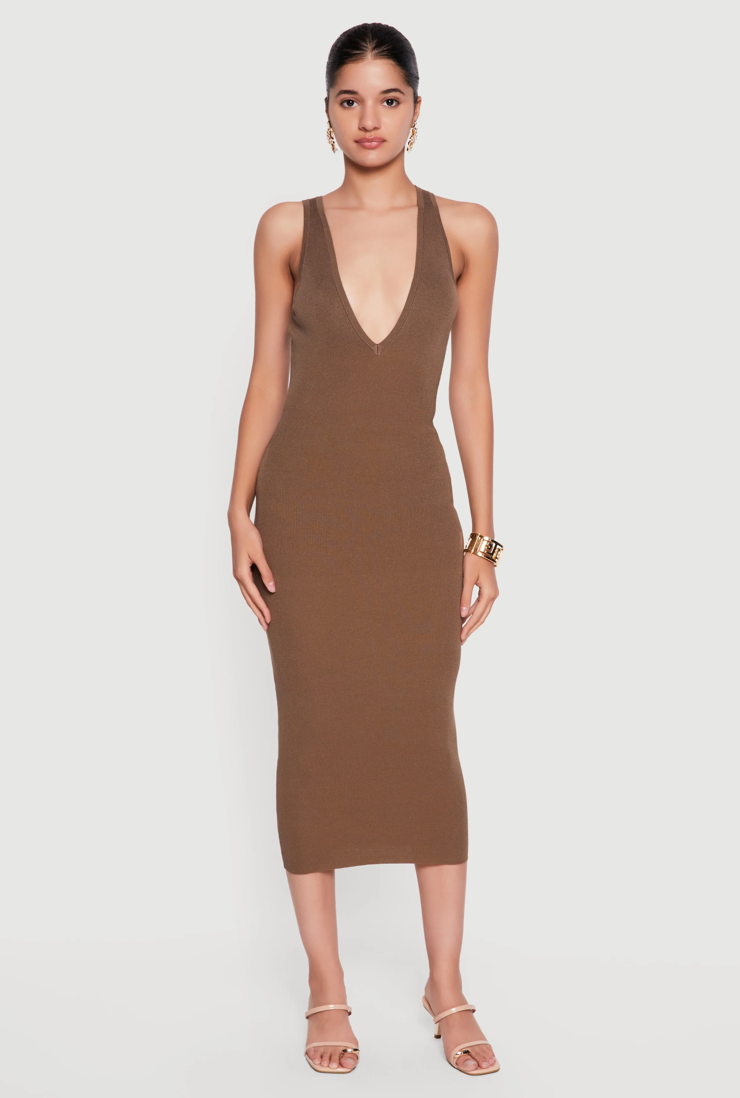 Plunge Neckline Sleeveless Midi Dress