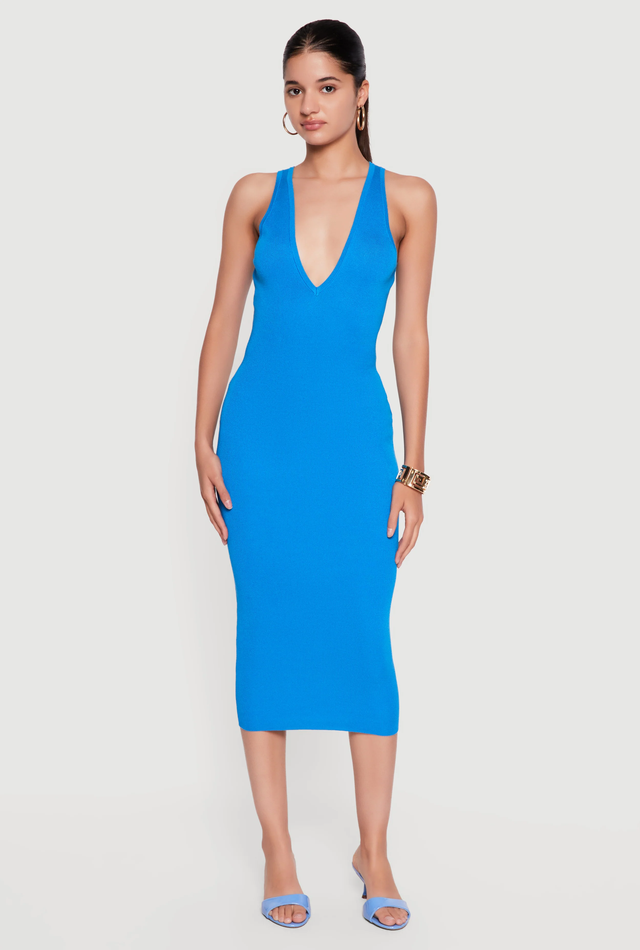 Plunge Neckline Sleeveless Midi Dress