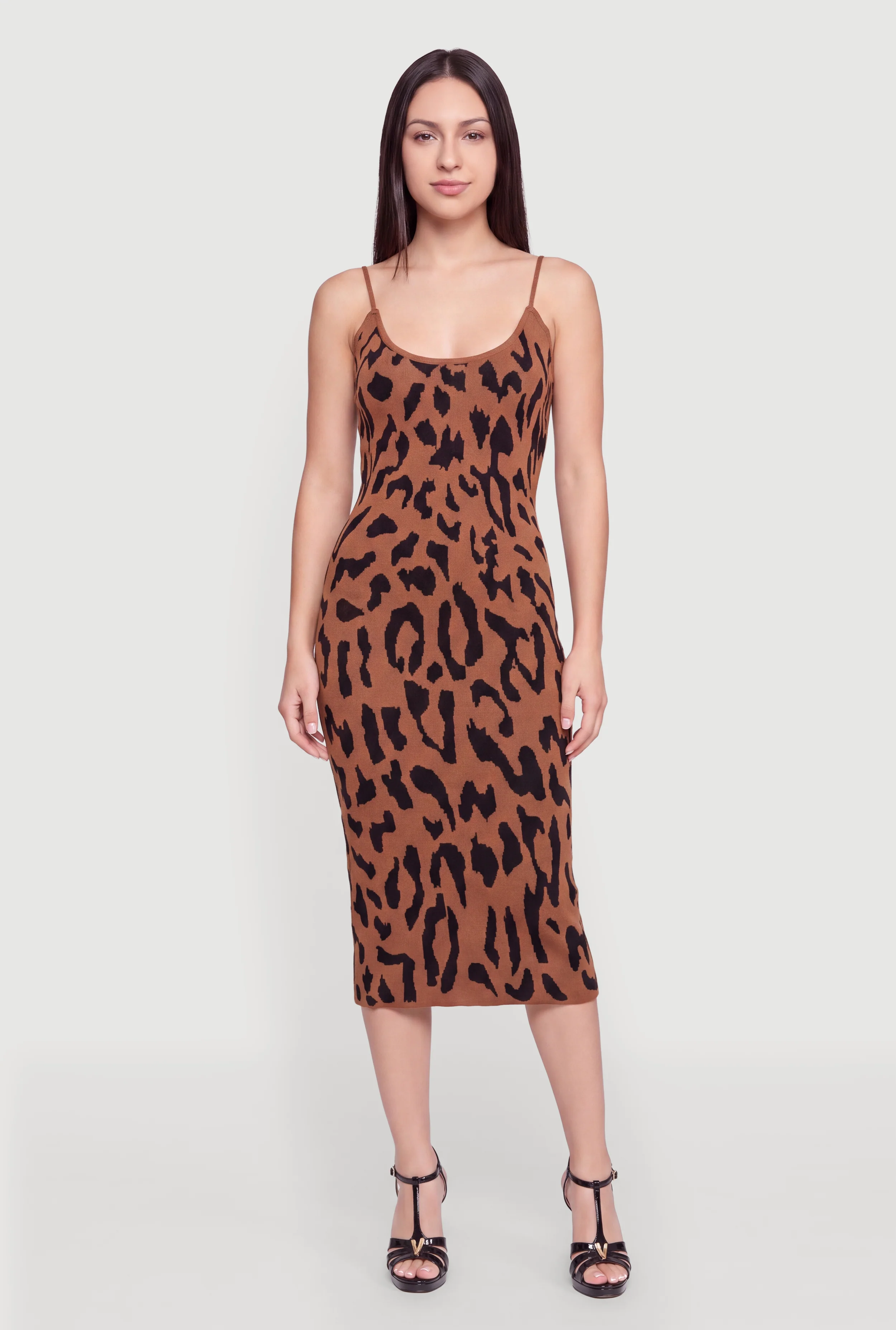 Leopard Print Spaghetti Strap Midi Sweater Dress